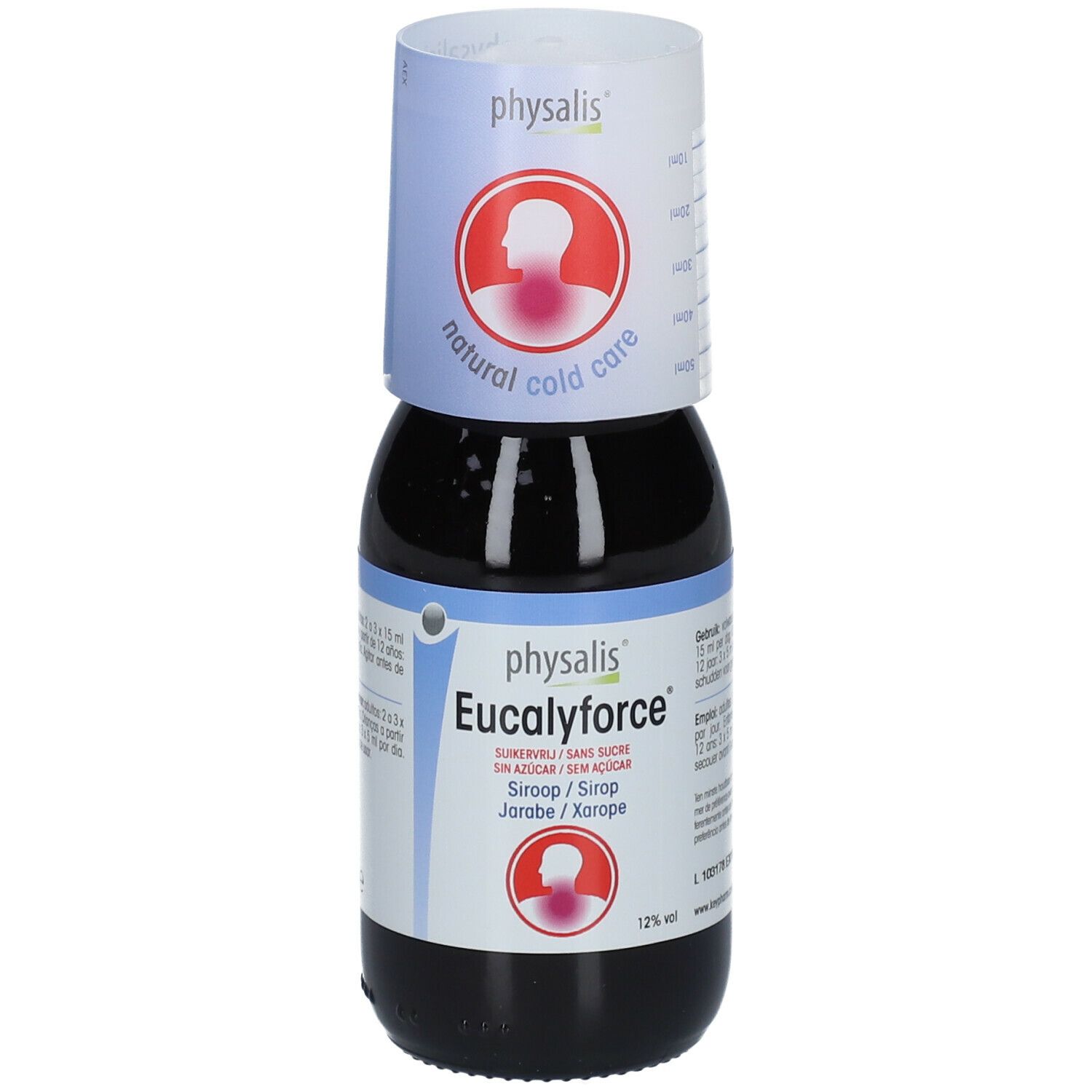 Bruine vloeistof in een glazen fles met maatbeker. Etiket met "Eucalyforce" en "Sirop".
