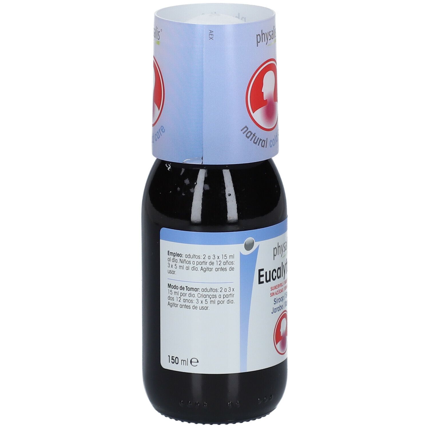 Bruine vloeistof in een glazen fles met maatbeker. Etiket met "Eucalyforce" en "150 ml".