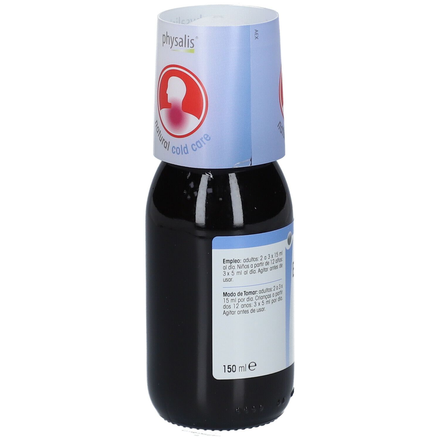 Bruine vloeistof in een glazen fles met maatbeker. Etiket met "Eucalyforce" en "150 ml".
