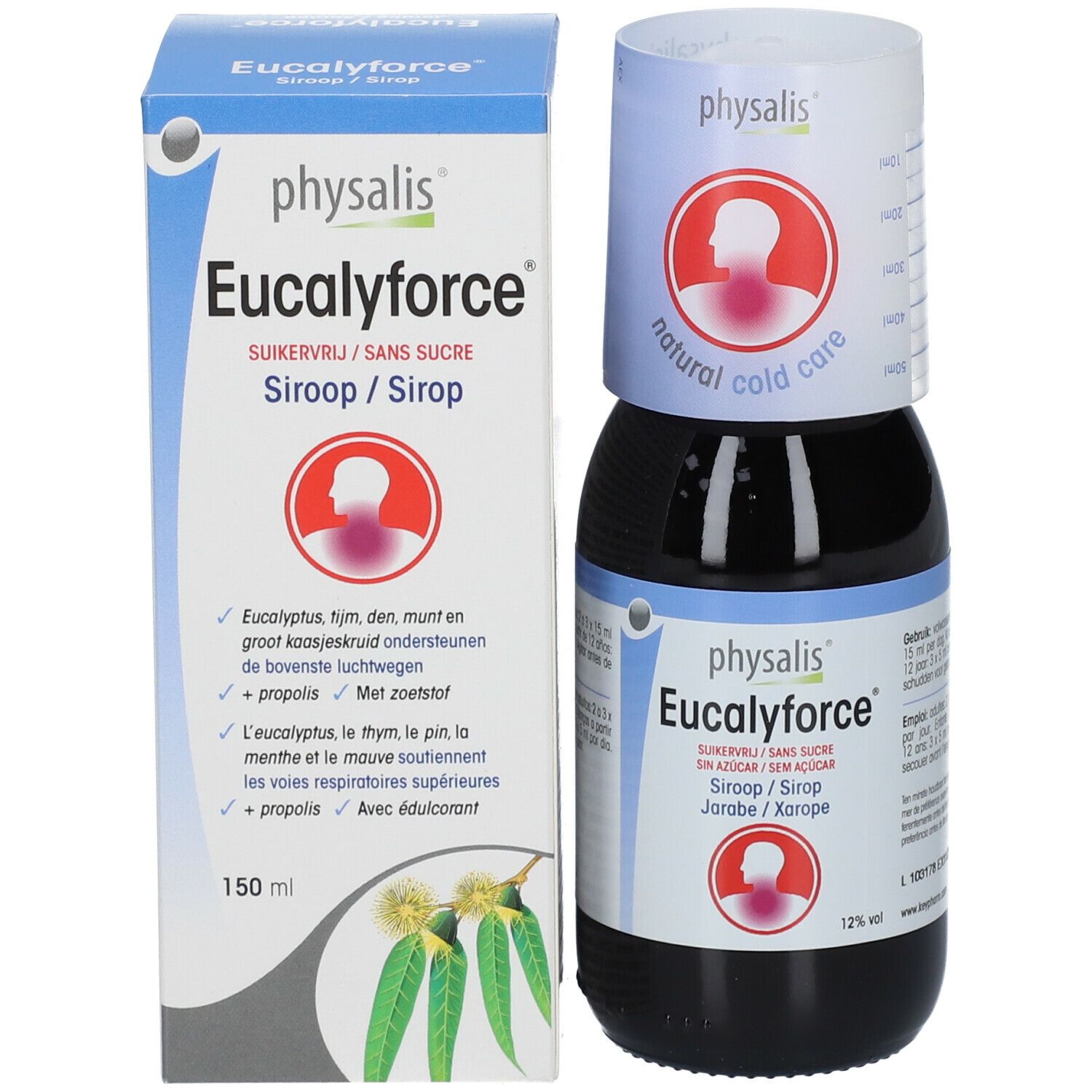 Productverpakking met fles en doos. Op de doos staat "Eucalyforce" en "150 ml".