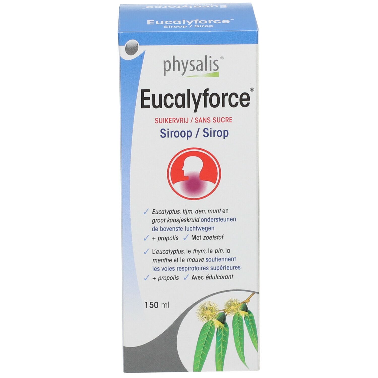 Productverpakking met doos. Op de doos staat "Eucalyforce" en "150 ml".