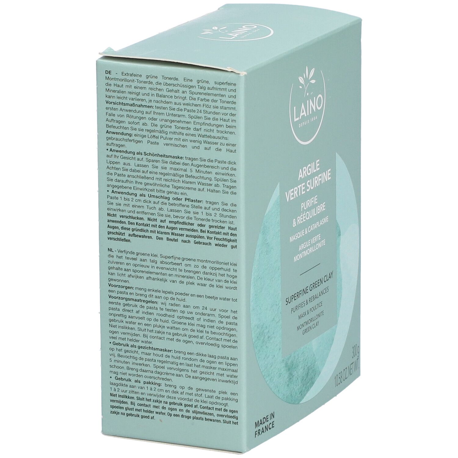 Produktverpackung, seitliche Ansicht. LAINO-Logo. Text: Argile Verte Surfine, Purifie & Rééquilibre. Hergestellt in Frankreich. Text auf Französisch.