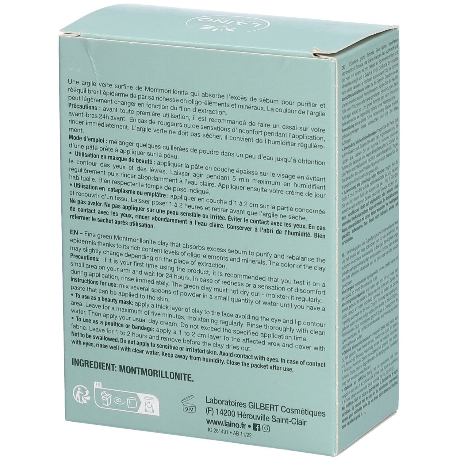 Rückseite der Produktverpackung. Text auf Französisch. Inhaltsstoff: Montmorillonite. Laboratoires GILBERT Cosmétiques. Hergestellt in Frankreich.
