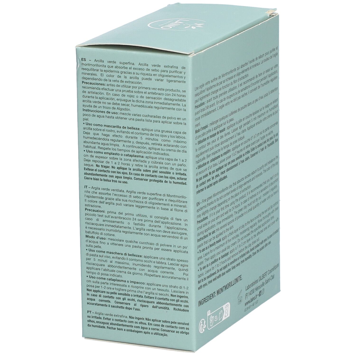 Rückseite der Produktverpackung. Text auf Französisch. Inhaltsstoff: Montmorillonite. Laboratoires GILBERT Cosmétiques. Hergestellt in Frankreich.