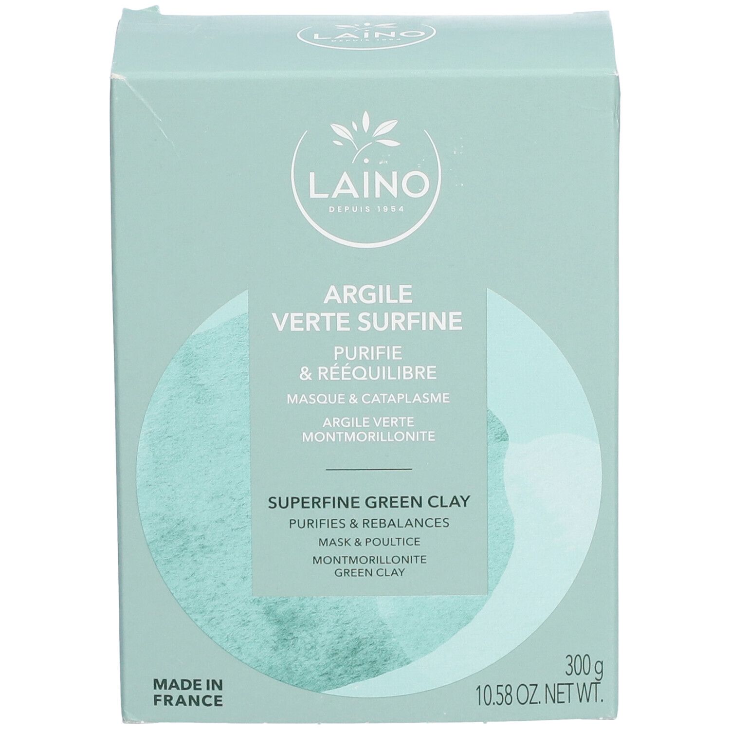 Hellgrüne Produktverpackung. LAINO-Logo. Aufschrift: Argile Verte Surfine, Purifie & Rééquilibre. 300g. Hergestellt in Frankreich.