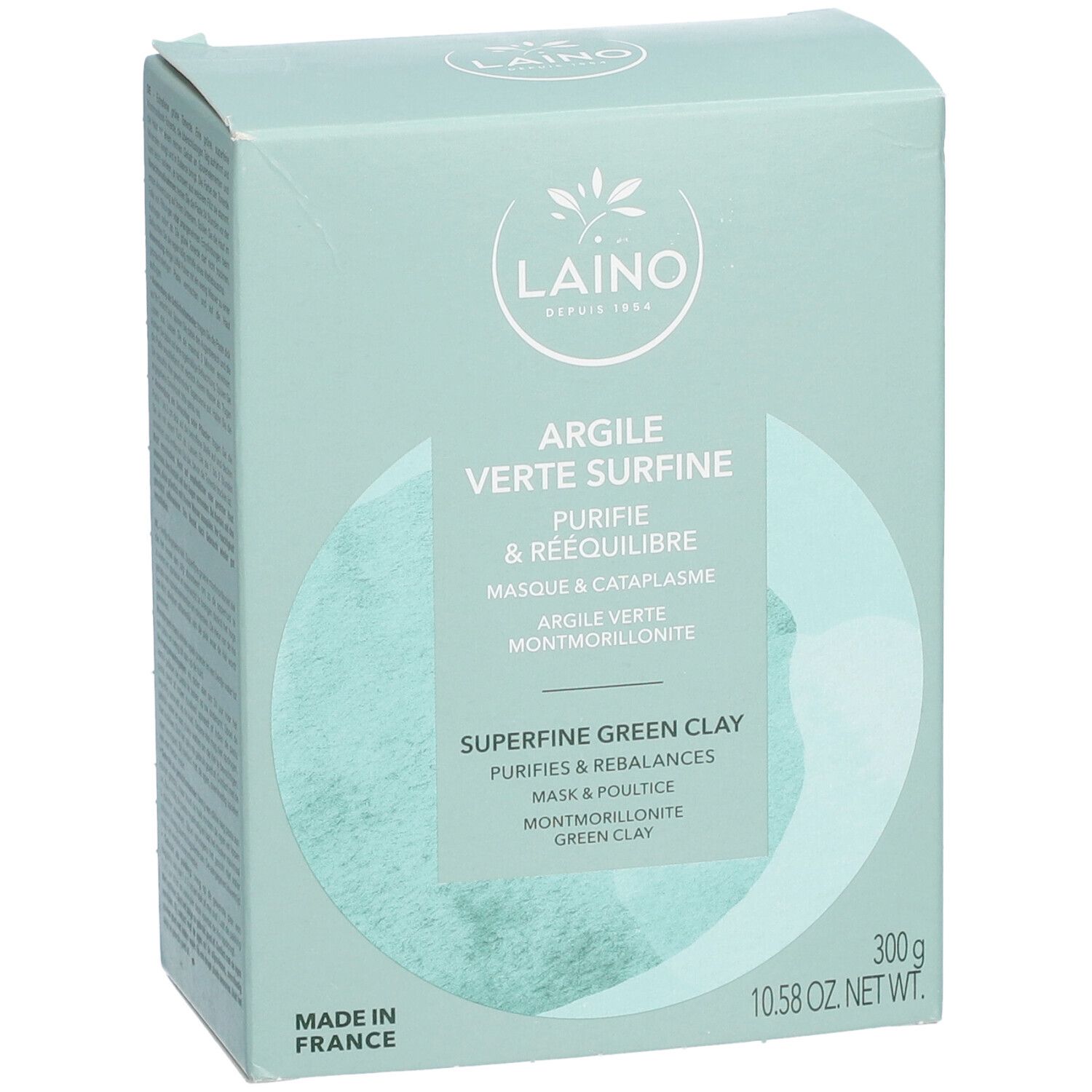 Hellgrüne Produktverpackung. LAINO-Logo. Aufschrift: Argile Verte Surfine, Purifie & Rééquilibre. 300g. Hergestellt in Frankreich.