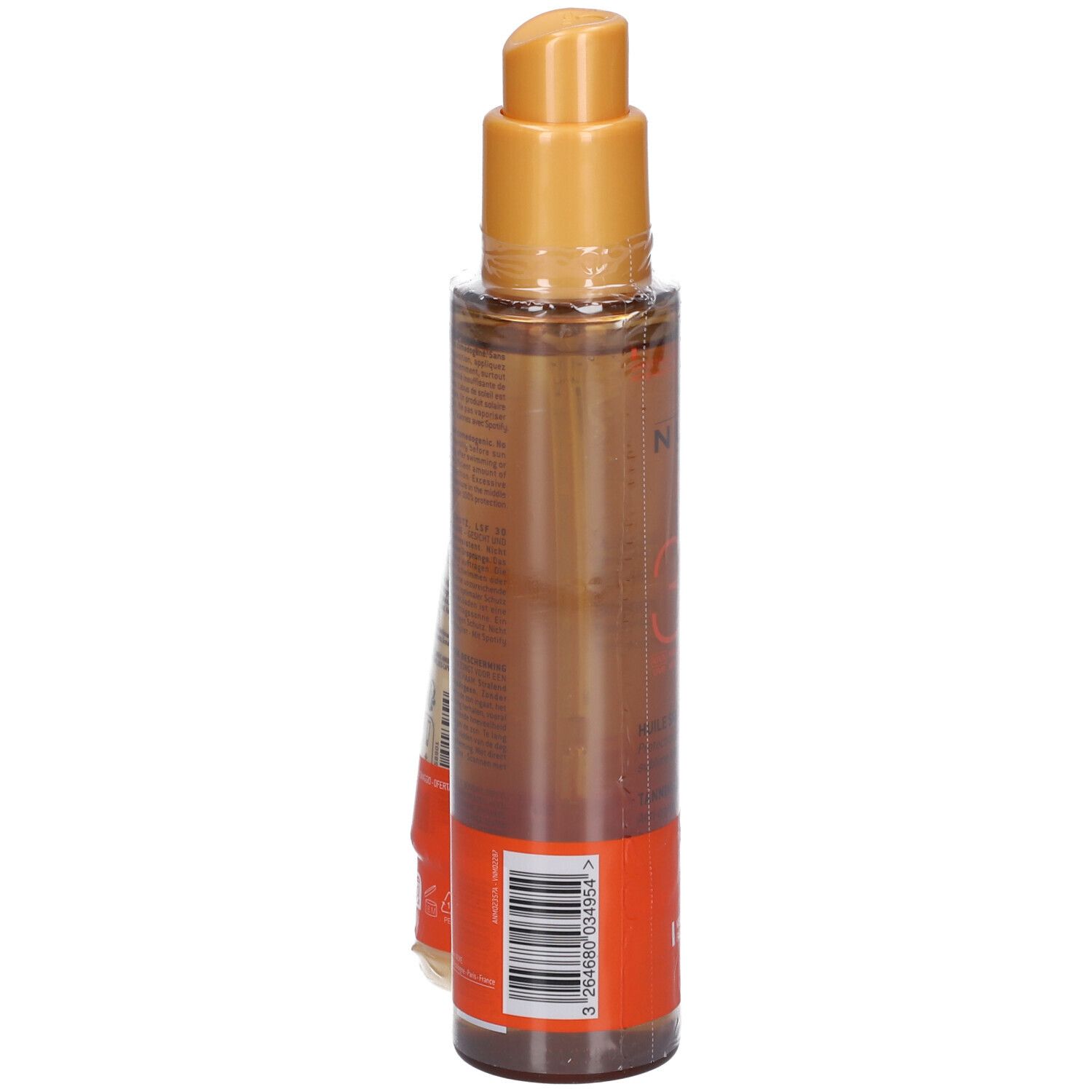 Nuxe Sun Huile Solaire Bronzante SPF30. Flacon d'huile avec vaporisateur. Dos avec texte et code-barres.