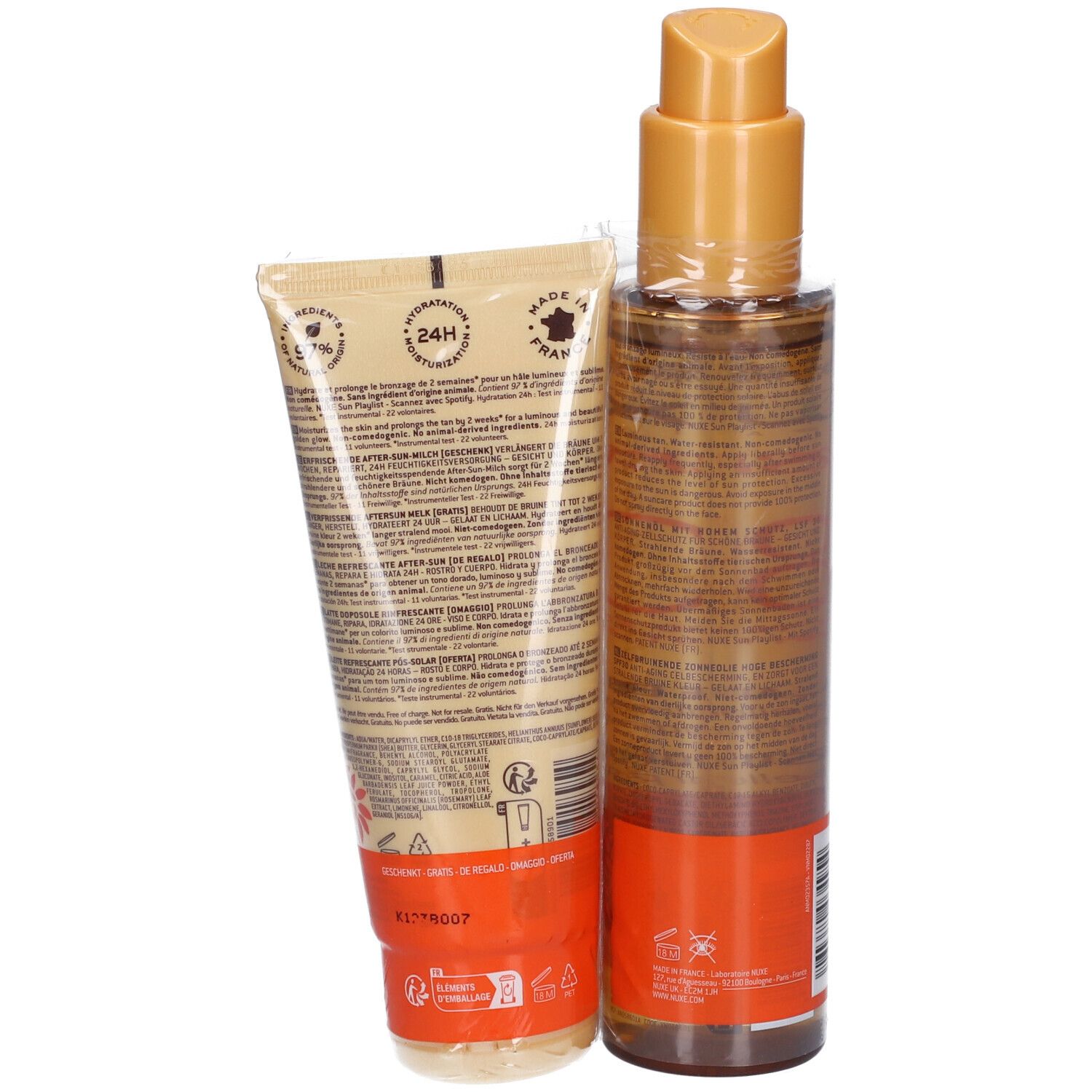 Nuxe Sun Lait Fraîcheur Après-Soleil et Huile Solaire Bronzante SPF30. Dos des produits avec texte.
