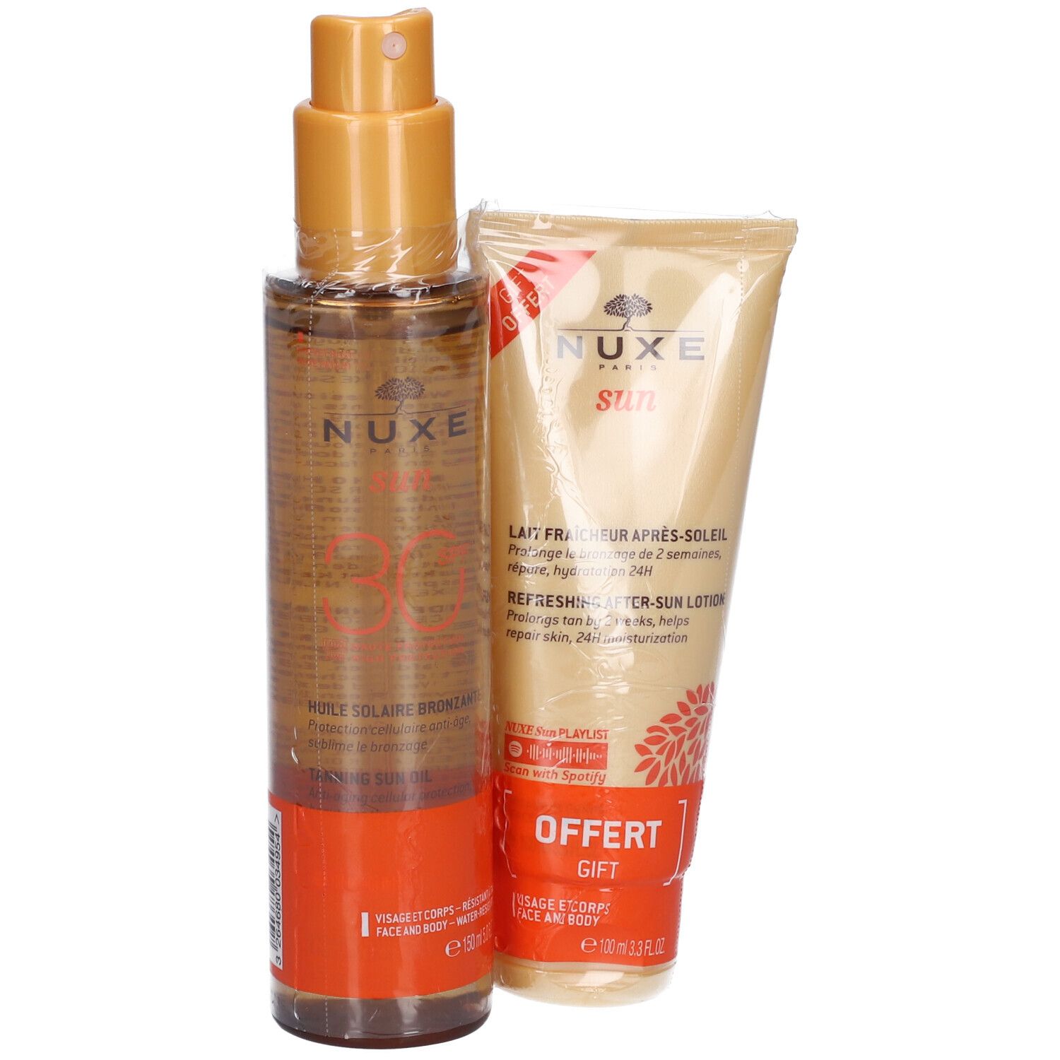 Nuxe Sun Huile Solaire Bronzante SPF30 et Lait Fraîcheur Après-Soleil. Coffret cadeau. Flacon et tube.