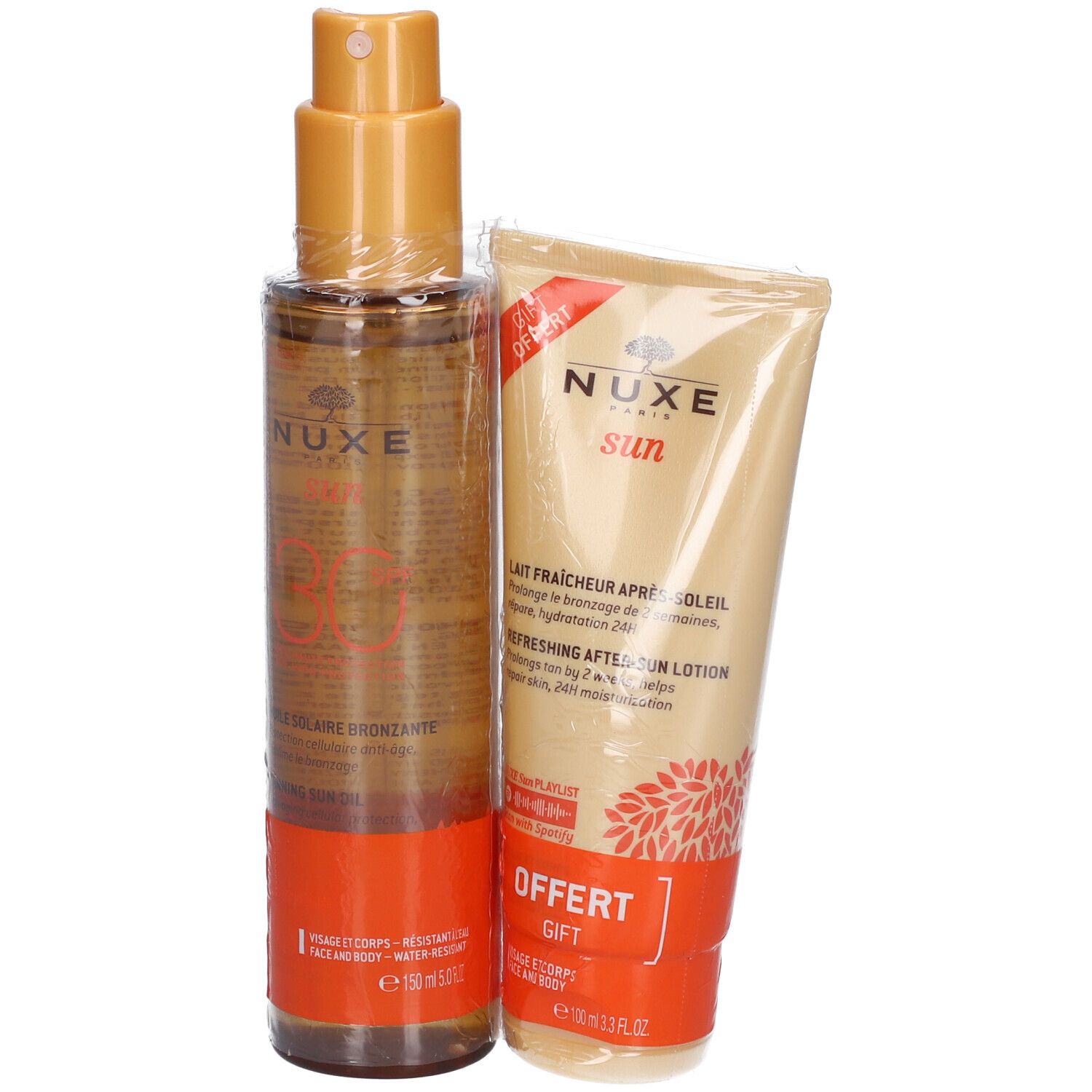Nuxe Sun Huile Solaire Bronzante SPF30 et Lait Fraîcheur Après-Soleil. Coffret cadeau. Flacon et tube.