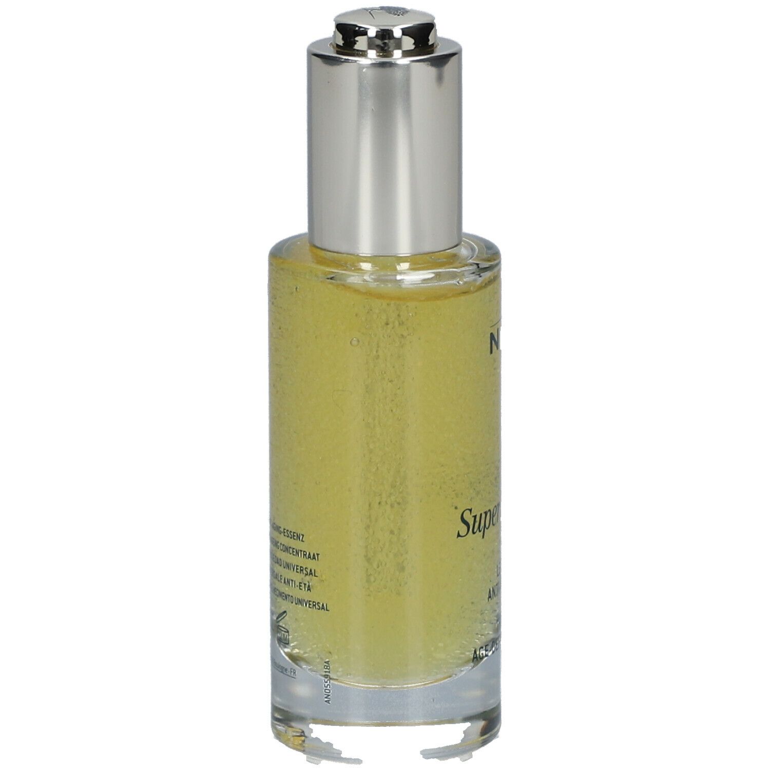 Flacon en verre contenant du sérum. Bouchon argenté. Inscription : NUXE, Super Serum [10].