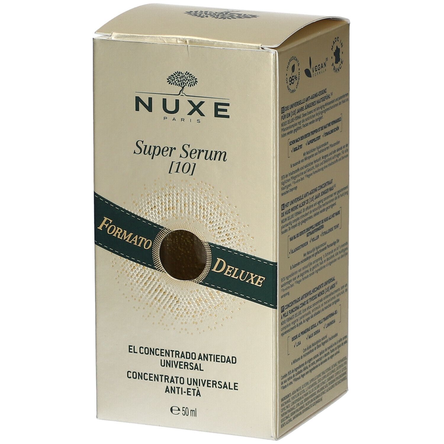 Boîte dorée avec inscription : NUXE, Super Serum [10]. Texte : Formato Deluxe. Label Vegan.