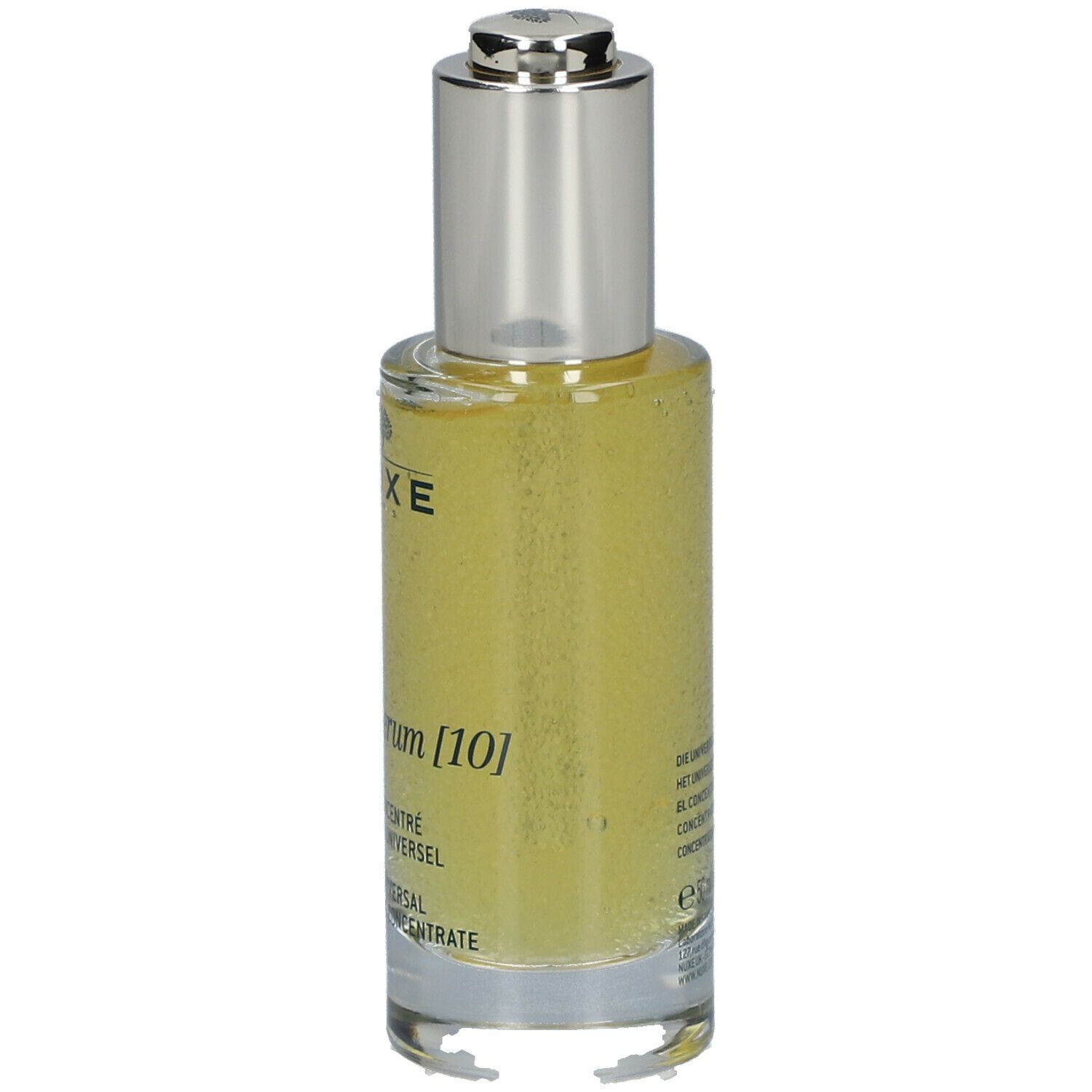 Flacon en verre contenant du sérum. Bouchon argenté. Inscription : NUXE, Super Serum [10].
