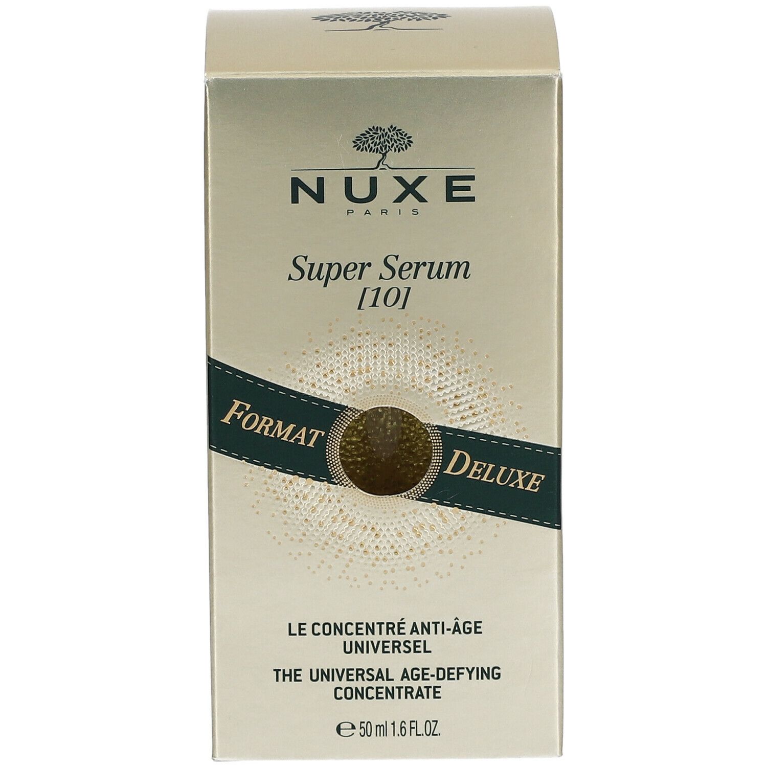 Boîte dorée avec inscription : NUXE, Super Serum [10]. Texte : Formato Deluxe. Label Vegan.
