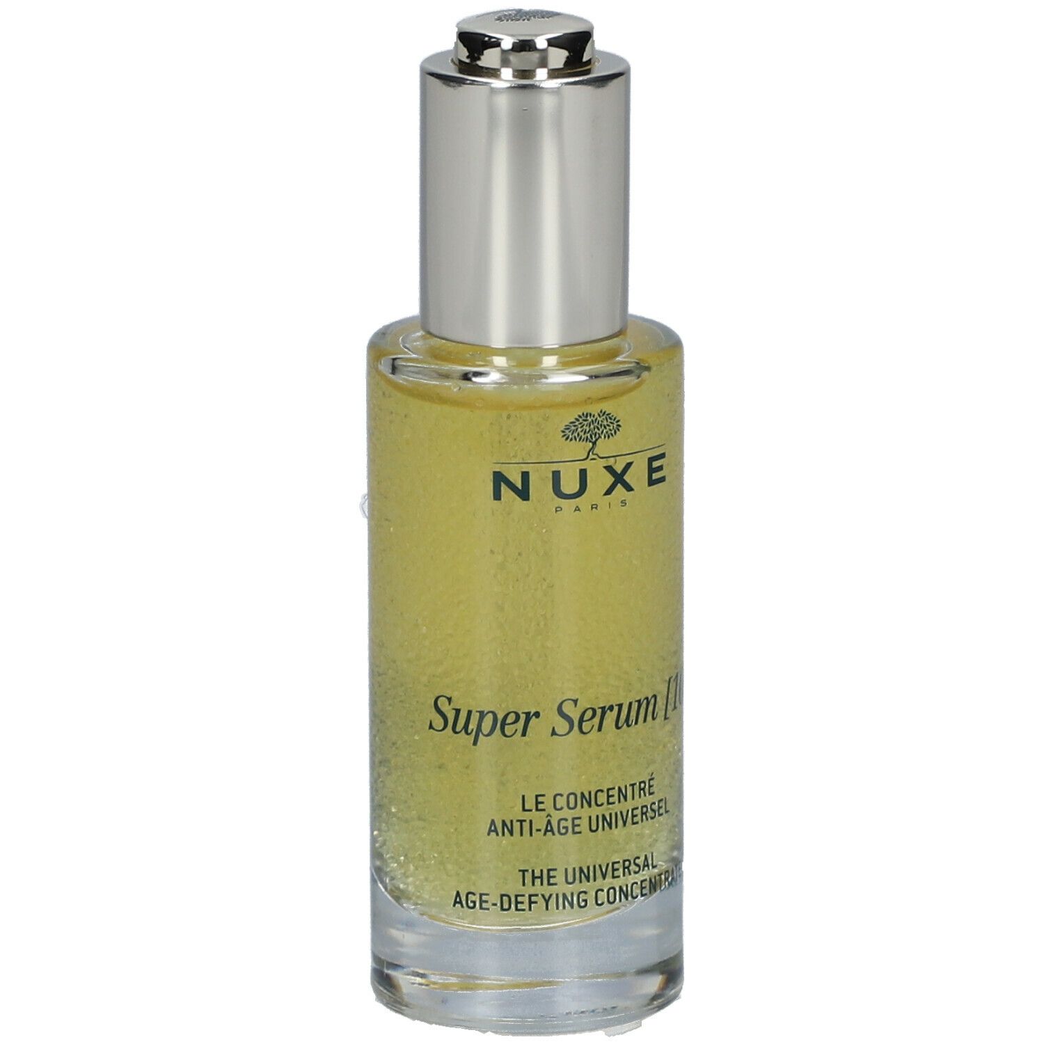 Flacon en verre contenant du sérum. Bouchon argenté. Inscription : NUXE, Super Serum [10].