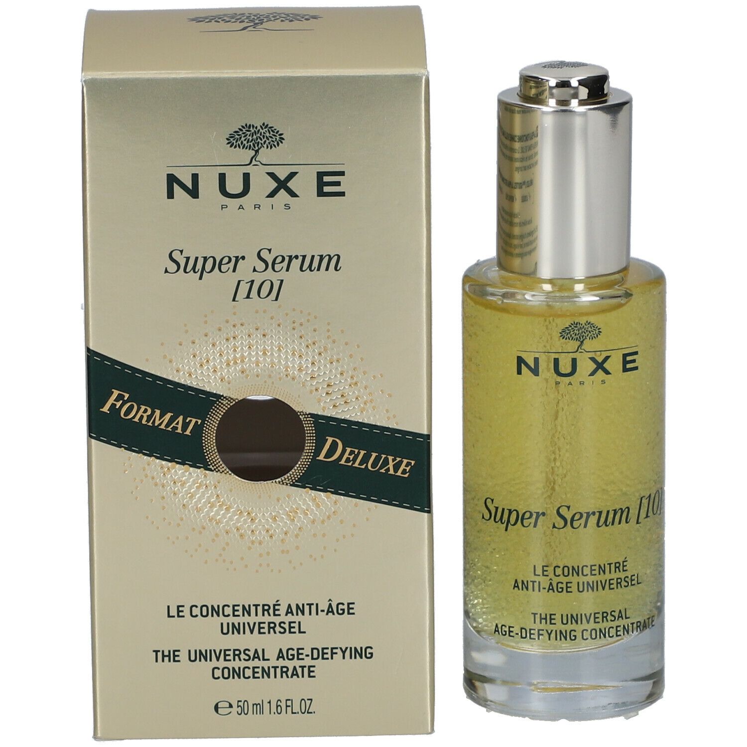 Emballage et flacon du produit. Boîte dorée avec inscription : NUXE, Super Serum [10]. Flacon avec bouchon argenté.
