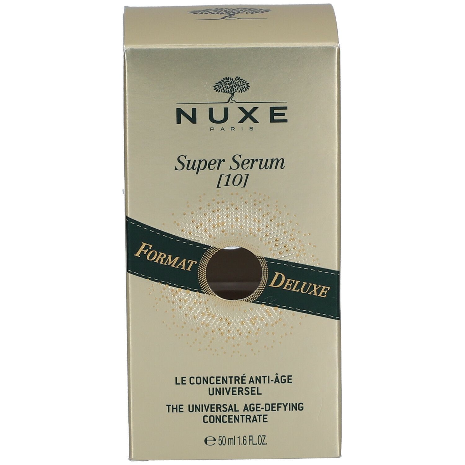 Boîte dorée avec inscription : NUXE, Super Serum [10]. Texte : Formato Deluxe. Label Vegan.