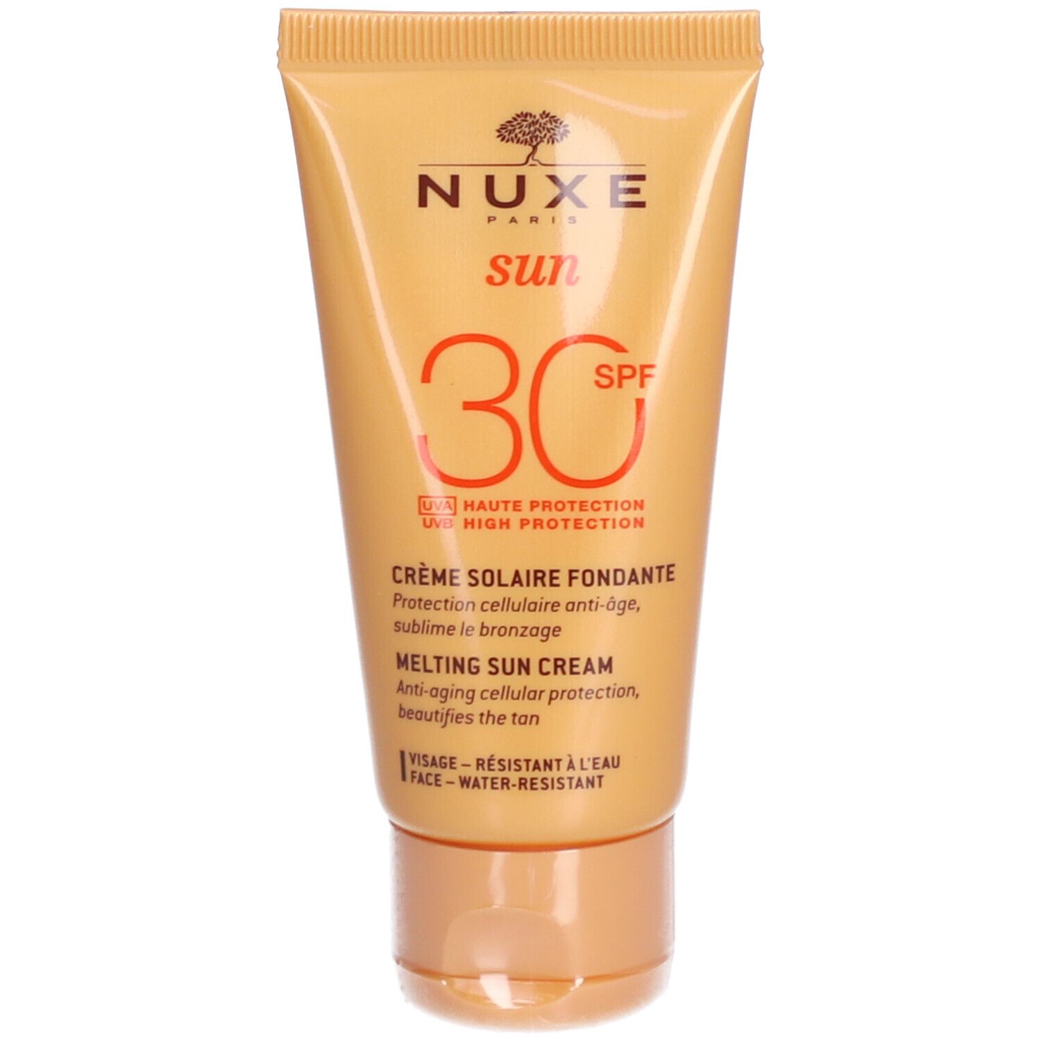 Lichtbruine zonnecrèmetube. Opschrift: NUXE Sun, 30 SPF. Tekst: Crème Solaire Fondante, Melting Sun Cream. Waterbestendig.