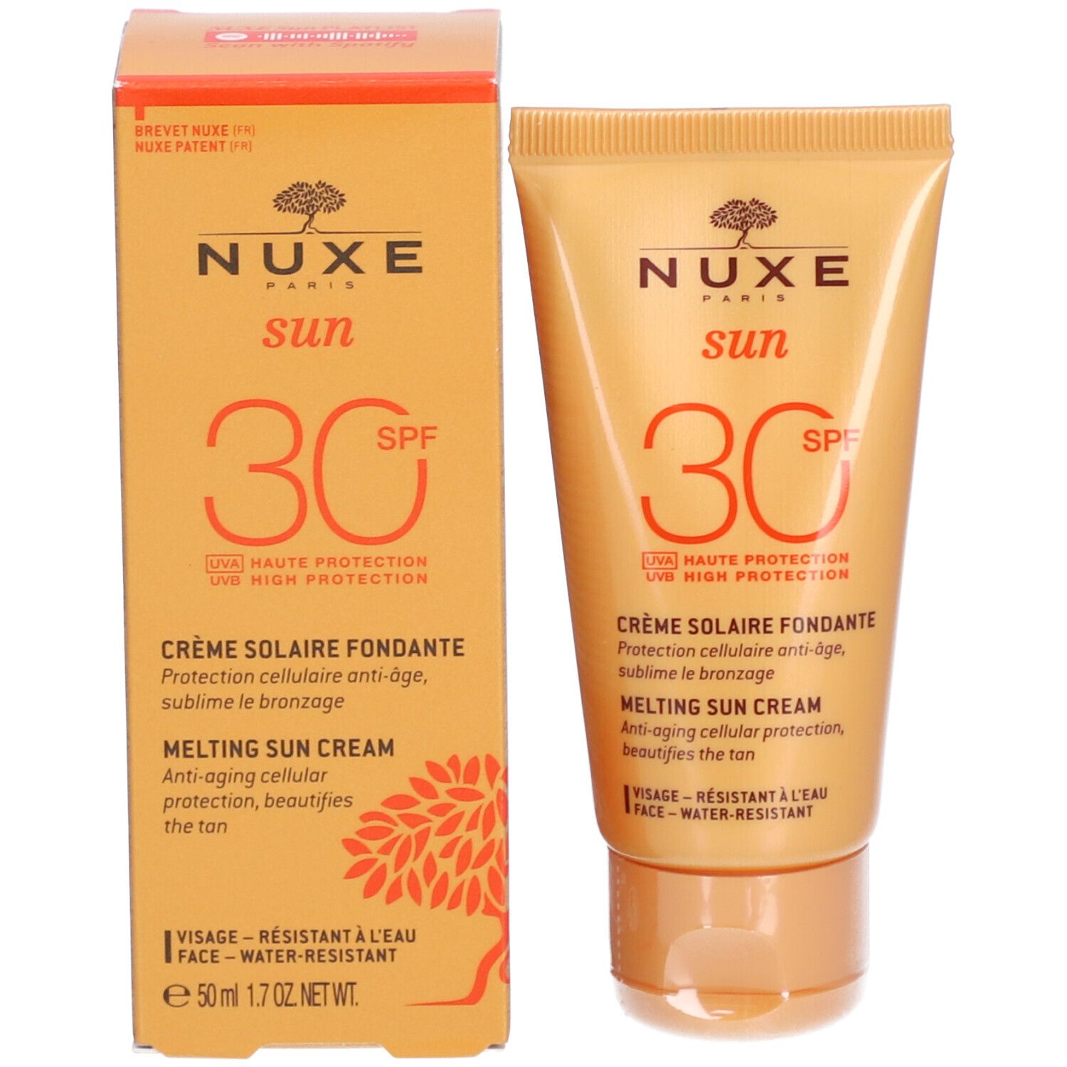 Zonnecrèmetube en doosje. Opschrift: NUXE Sun, 30 SPF. Tekst: Crème Solaire Fondante, Melting Sun Cream. Oranje verpakking.