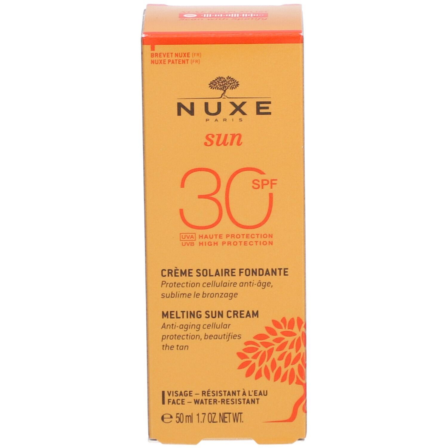 Oranje doosje. Opschrift: NUXE Sun, 30 SPF. Tekst: Crème Solaire Fondante, Melting Sun Cream. Met logo en tekst.