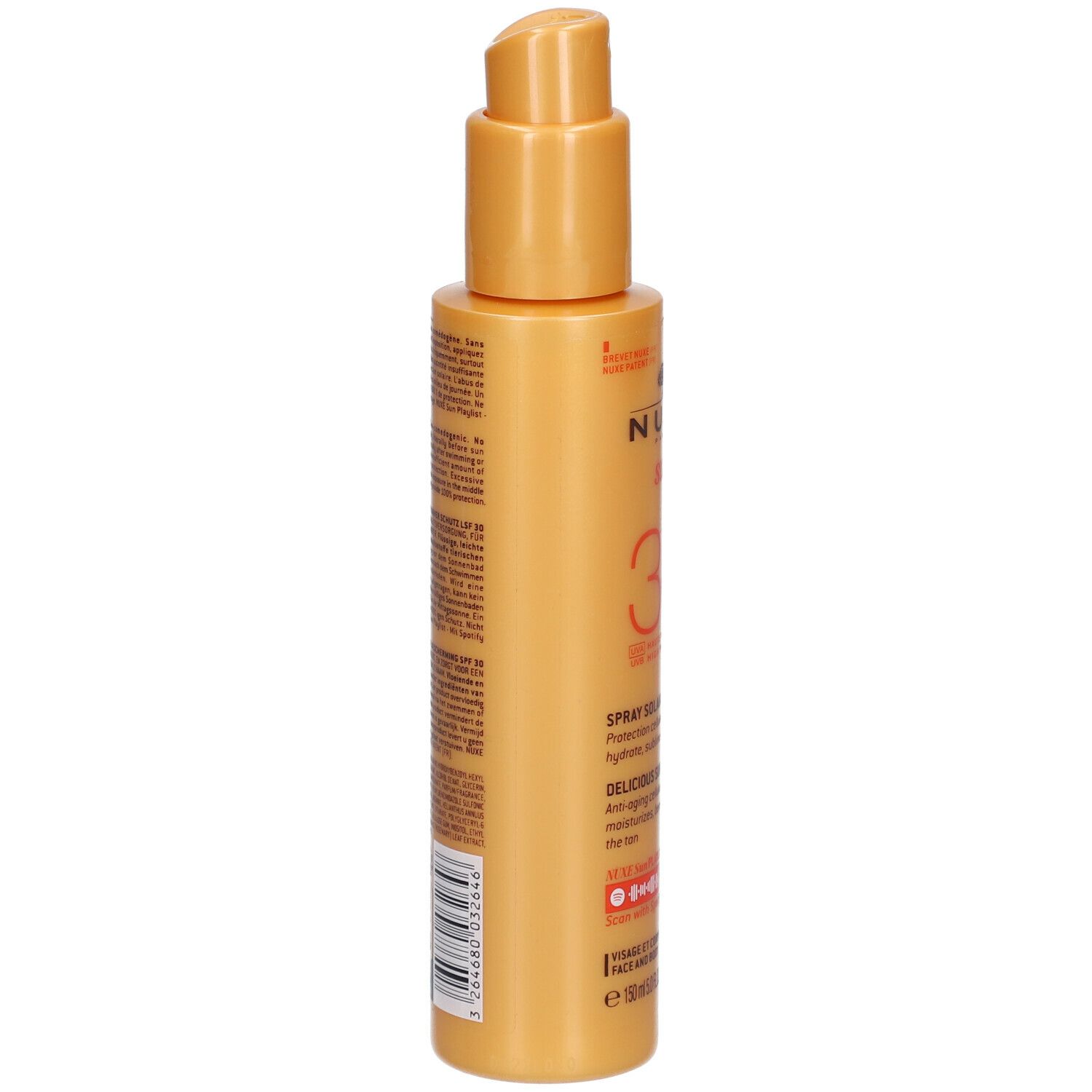 Oranje fles met tekst. NUXE Sun SPF30. Achterkant met productinformatie.
