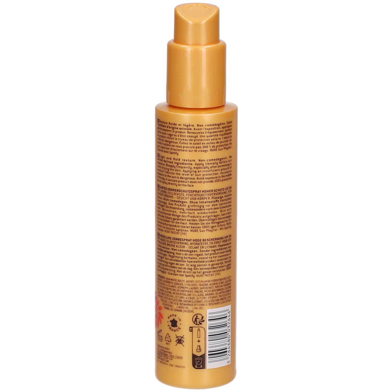 Achterkant van de oranje fles. Tekst: NUXE Sun SPF30. Productinformatie en logo's.