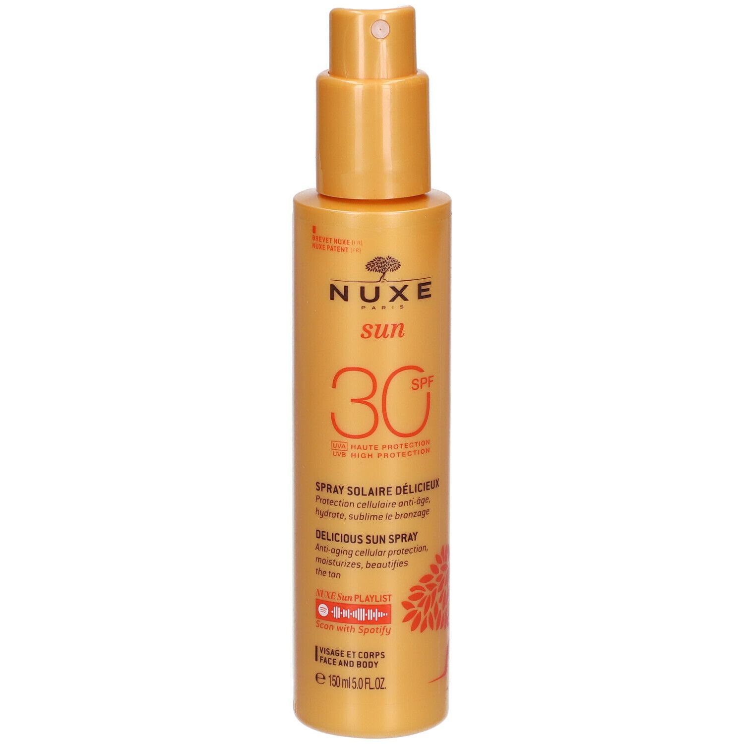 NUXE Sun SPF30 zonnebrandspray. Oranje fles met verstuiver. Voor gezicht en lichaam.