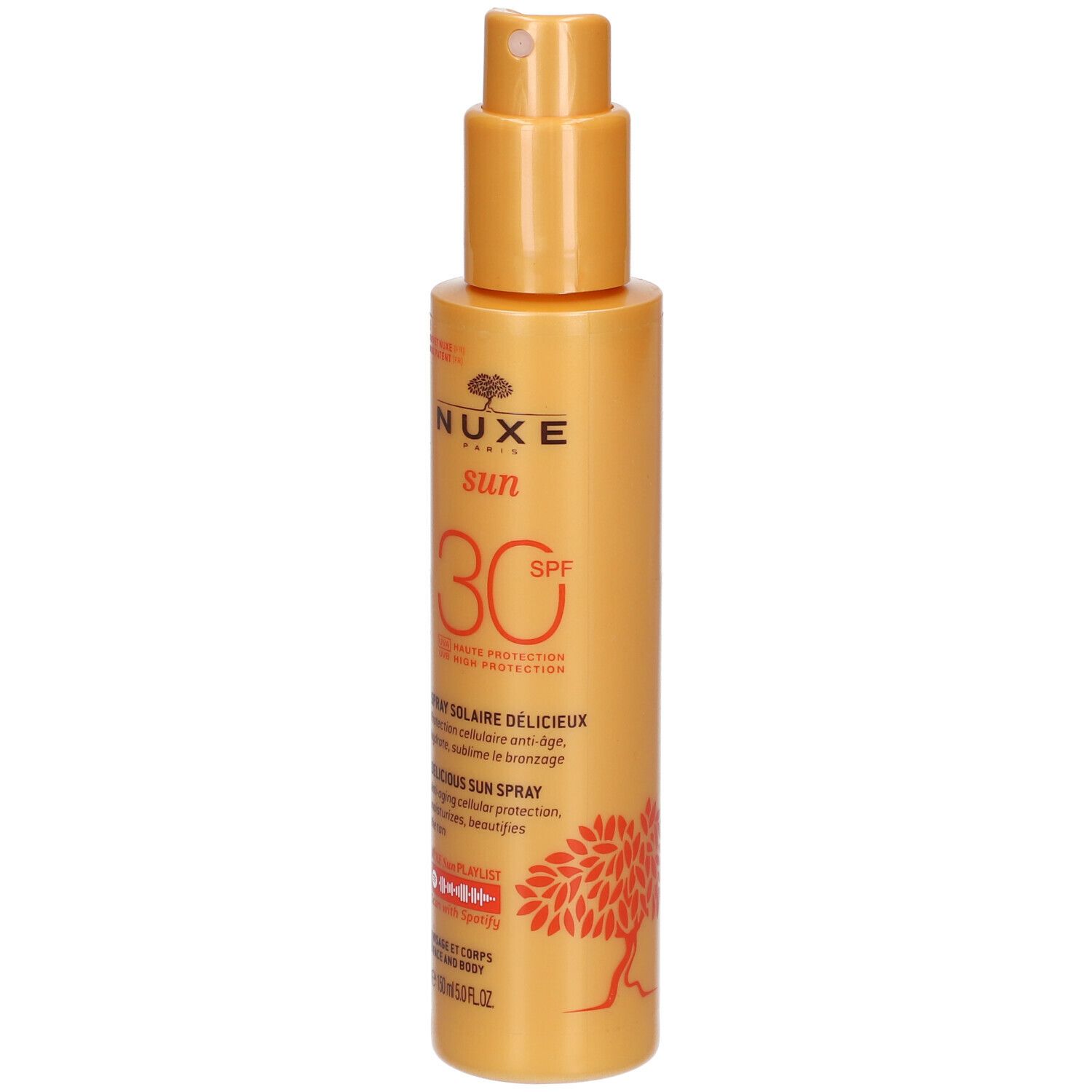 NUXE Sun SPF30 zonnebrandspray. Oranje fles met verstuiver. Voor gezicht en lichaam.