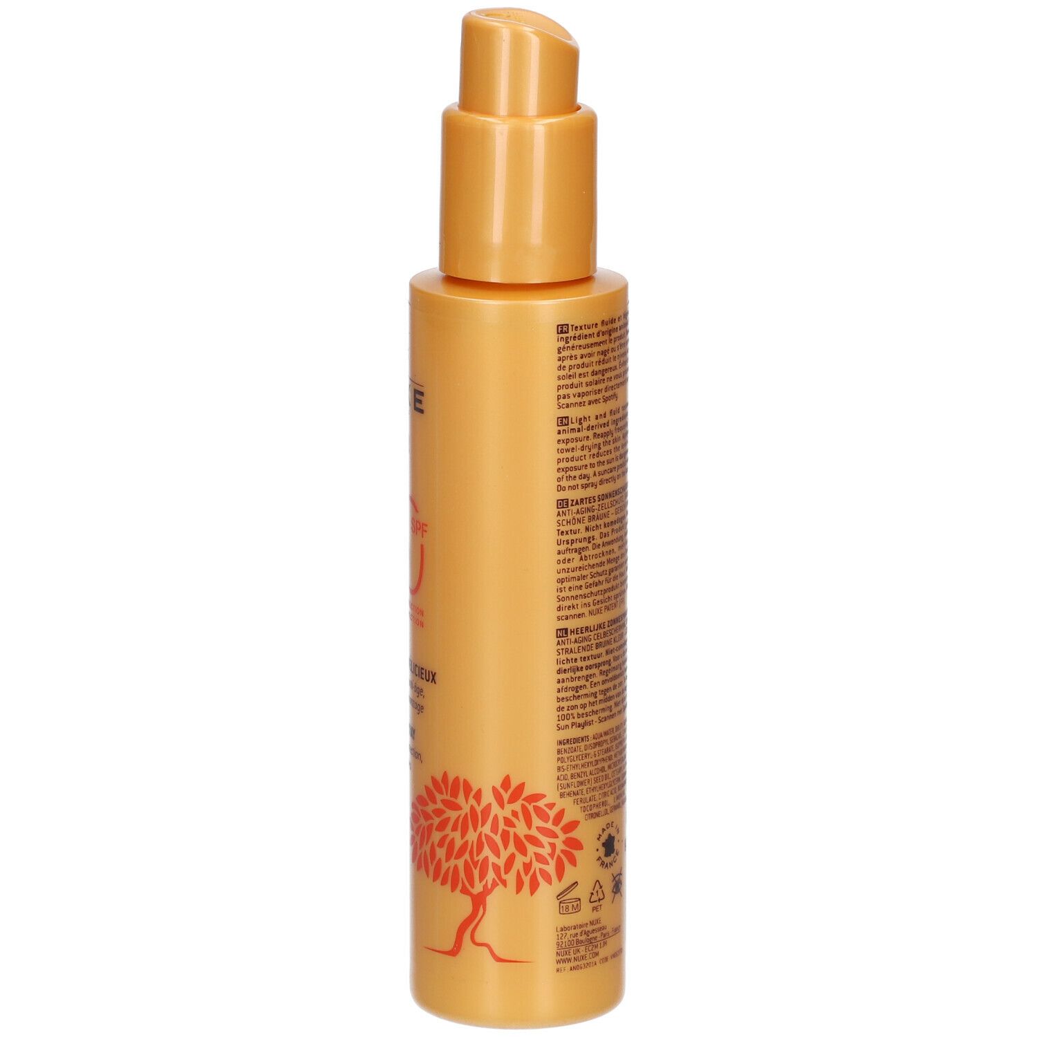 Oranje fles met tekst. NUXE Sun SPF30. Achterkant met productinformatie.