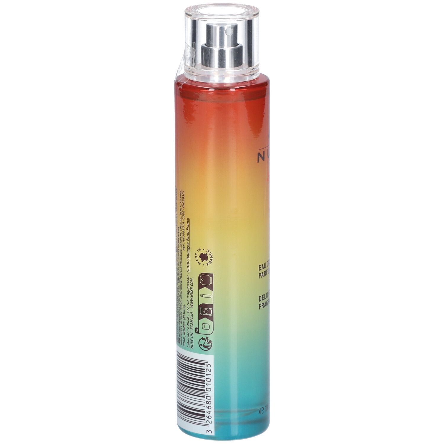 Flacon vaporisateur dégradé. Dos avec texte et code-barres.