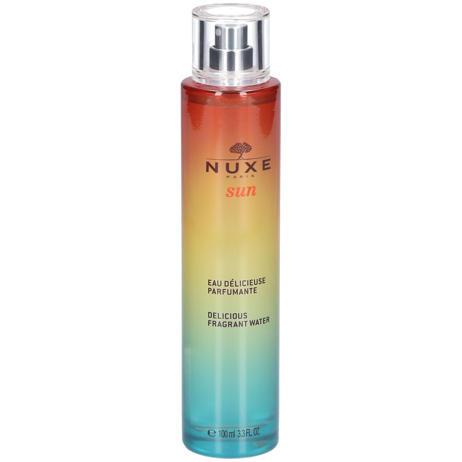 Flacon vaporisateur dégradé rouge, jaune, bleu. Texte: NUXE Paris, Sun, Eau délicieuse parfumante, Delicious fragrant water.