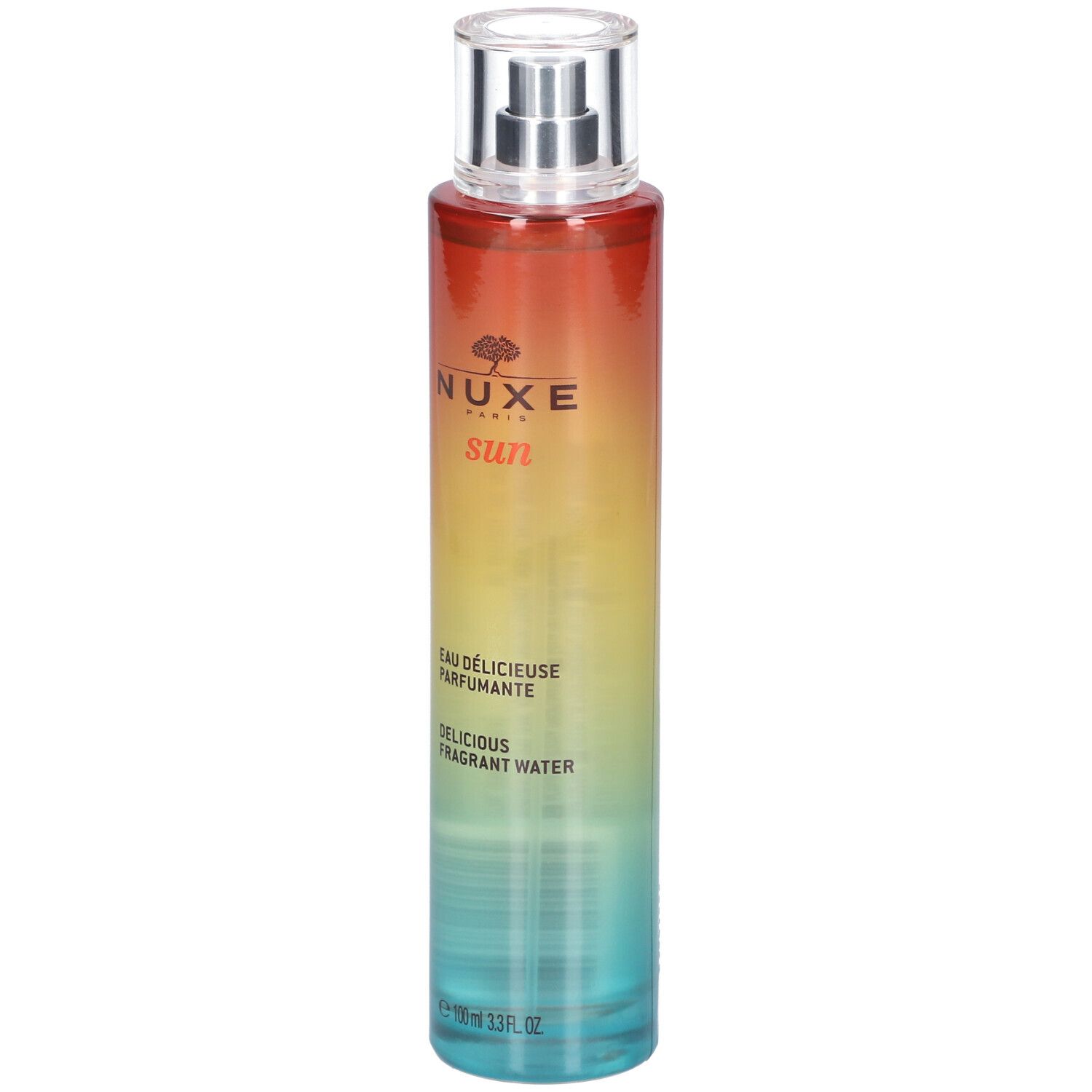 Flacon vaporisateur dégradé rouge, jaune, bleu. Texte: NUXE Paris, Sun, Eau délicieuse parfumante, Delicious fragrant water.