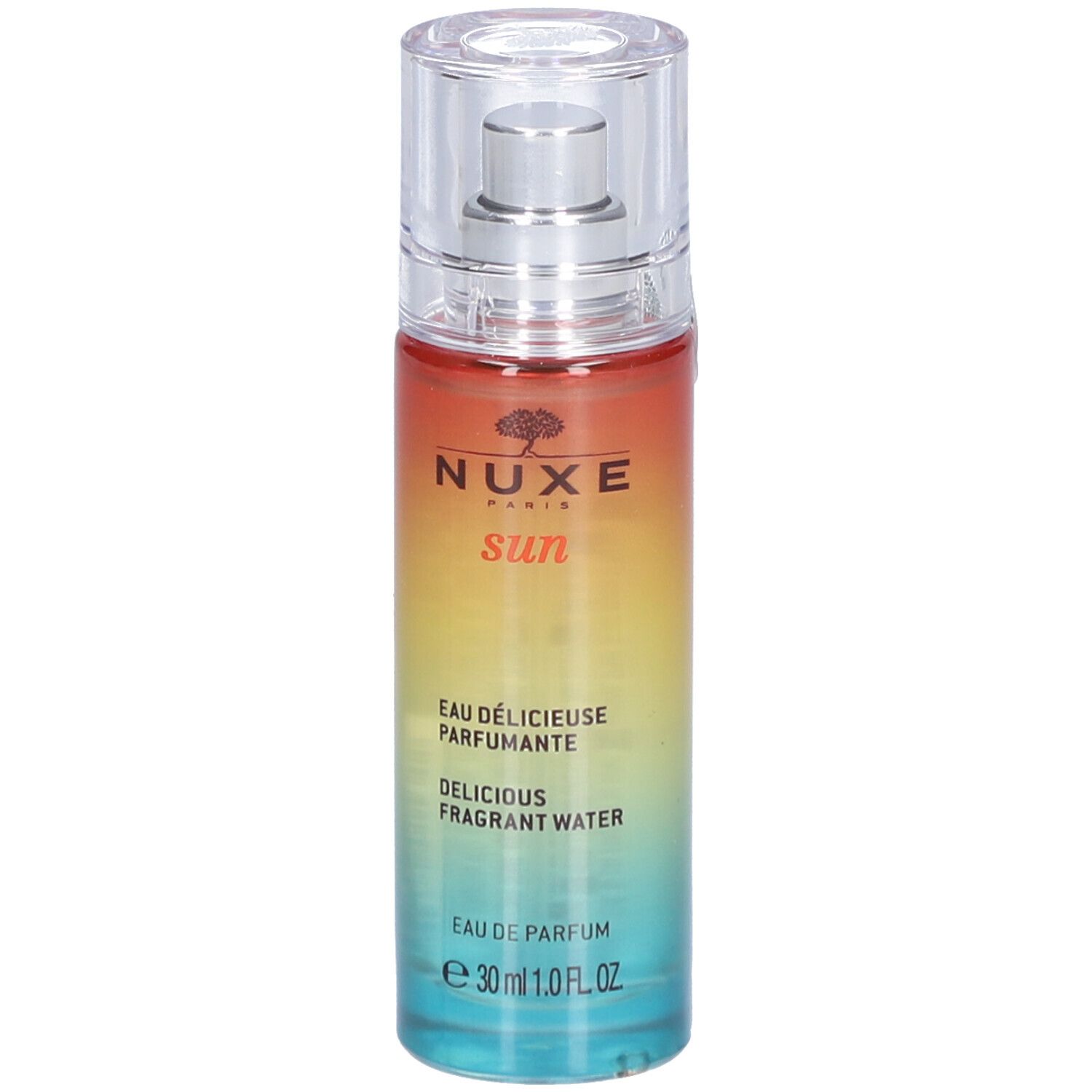 Parfumfles met kleurovergang. Opschrift: Nuxe Sun, Eau Délicieuse Parfumante, Delicious Fragrant Water. Met verstuiver en dop.