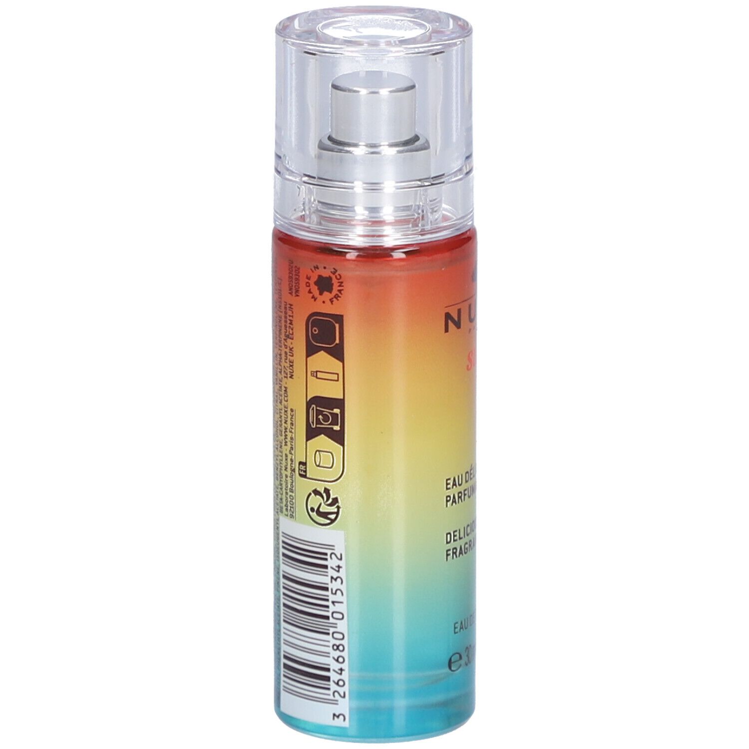 Achterkant van de parfumfles met kleurovergang. Barcode en tekst. Opschrift: Nuxe Sun, Eau Délicieuse Parfumante, Delicious Fragrant Water.