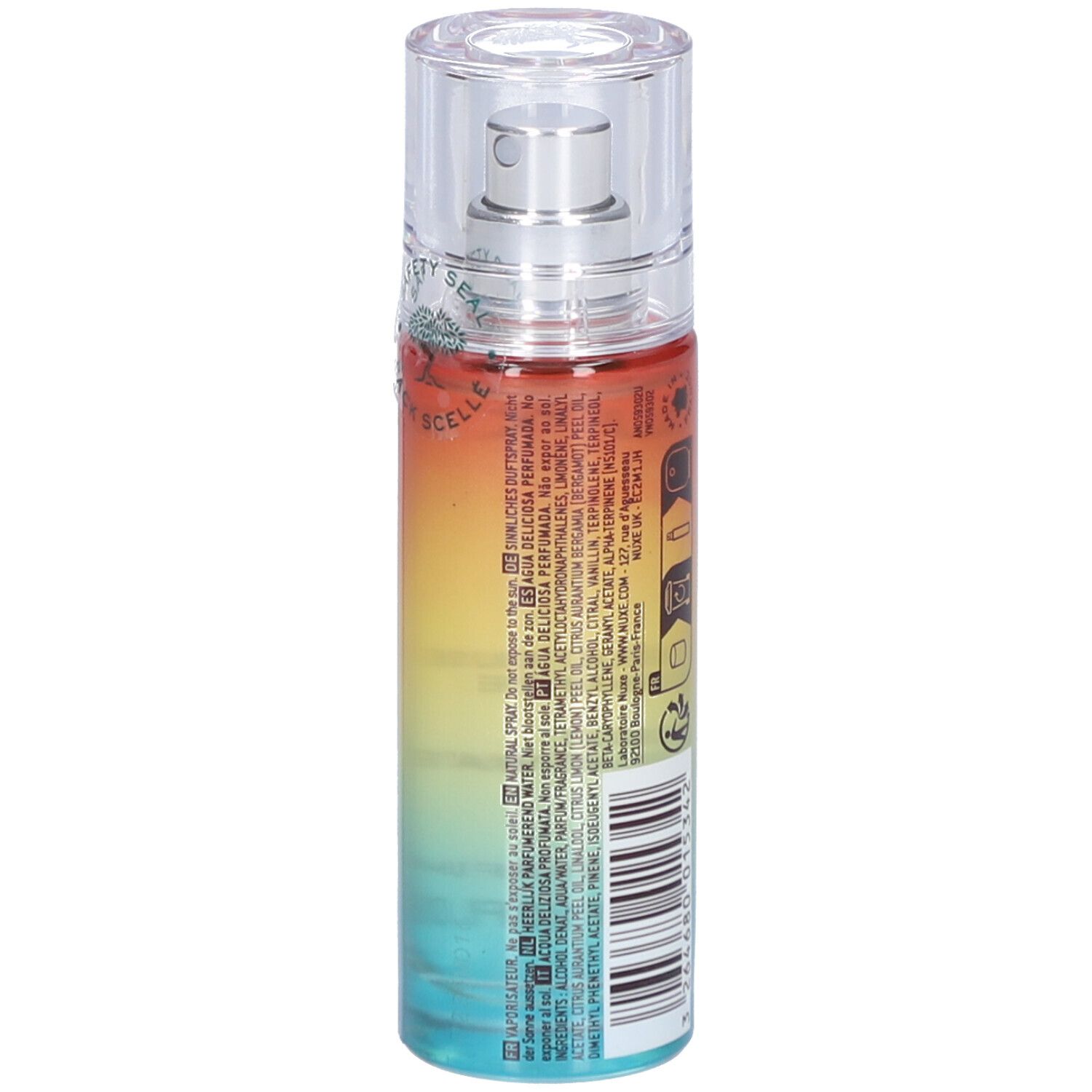 Achterkant van de parfumfles met kleurovergang. Tekst en barcode. Opschrift: Nuxe Sun, Eau Délicieuse Parfumante, Delicious Fragrant Water.