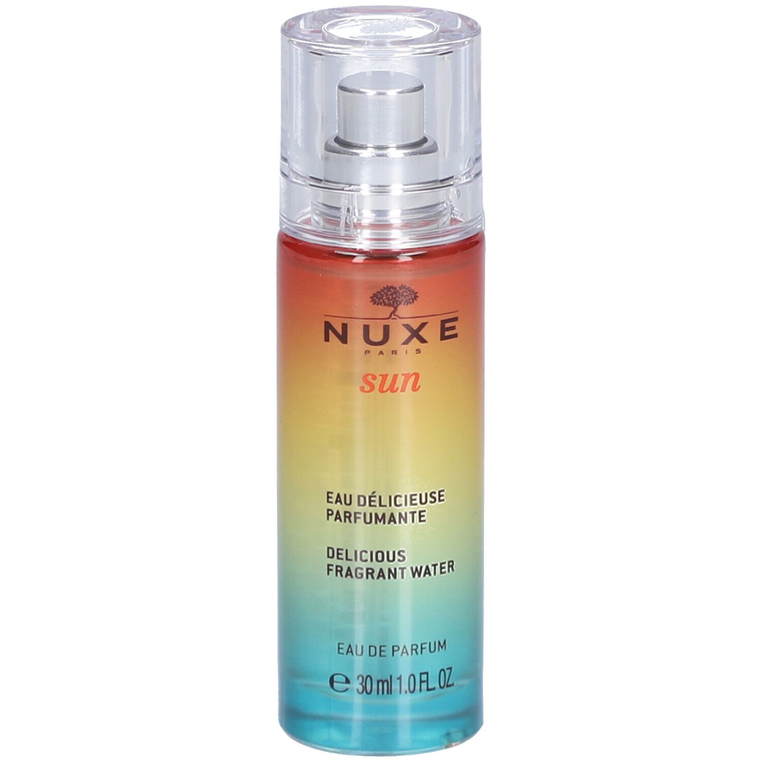 Parfumfles met kleurovergang. Opschrift: Nuxe Sun, Eau Délicieuse Parfumante, Delicious Fragrant Water. Met verstuiver en dop.