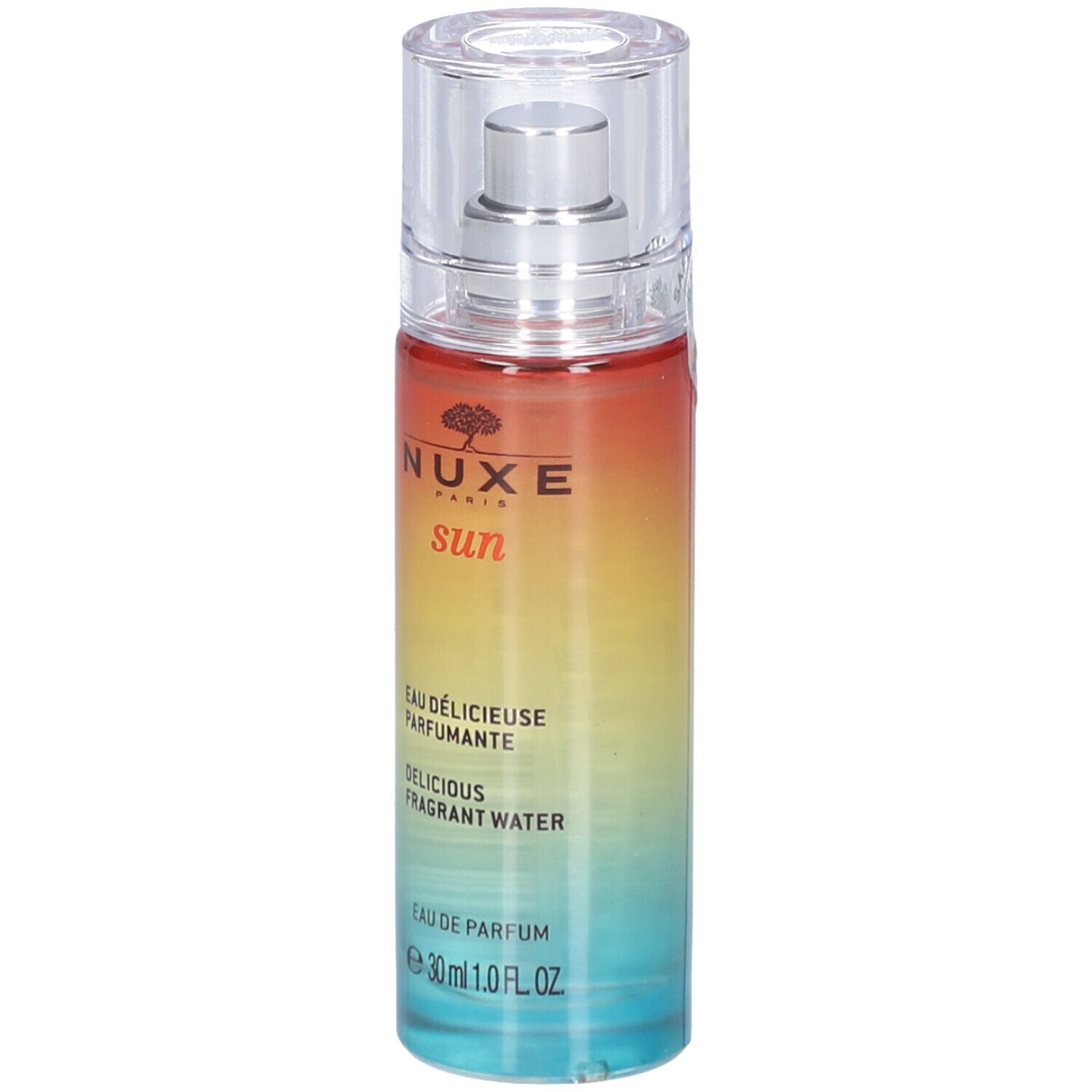 Parfumfles met kleurovergang. Opschrift: Nuxe Sun, Eau Délicieuse Parfumante, Delicious Fragrant Water. Met verstuiver en dop.