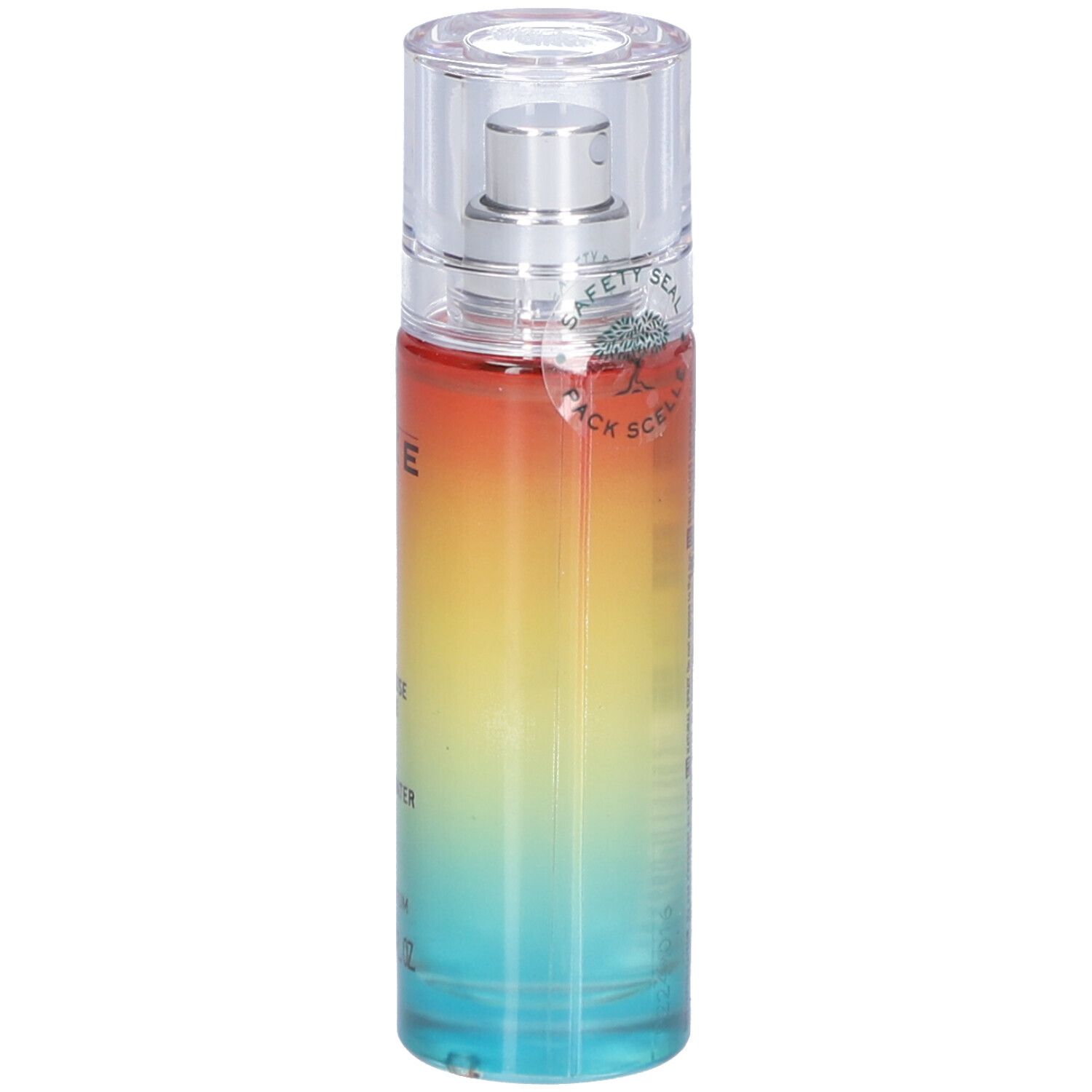 Parfumfles met kleurovergang. Opschrift: Nuxe Sun, Eau Délicieuse Parfumante, Delicious Fragrant Water. Met verstuiver en dop.