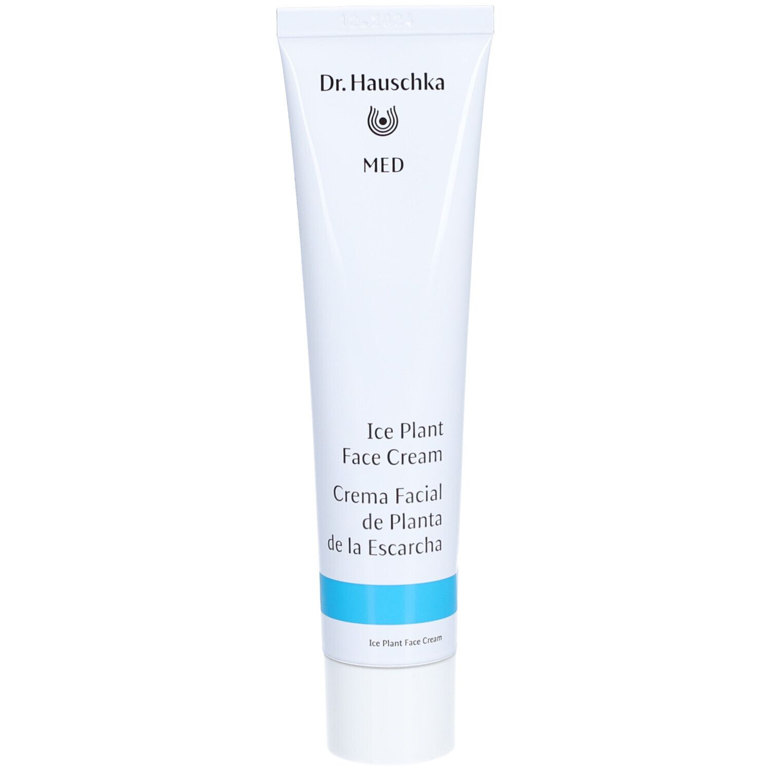Weiße Tube mit blauer Banderole. Aufschrift: Dr. Hauschka, MED, Ice Plant Face Cream, Crema Facial de Planta de la Escarcha.