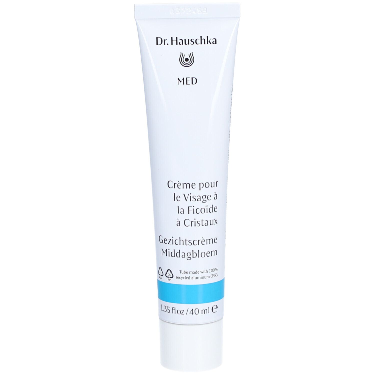 Weiße Tube mit blauer Banderole. Aufschrift: Dr. Hauschka, MED, Crème pour le Visage à la Ficoïde à Cristaux, Gezichtscrème Middagbloem.