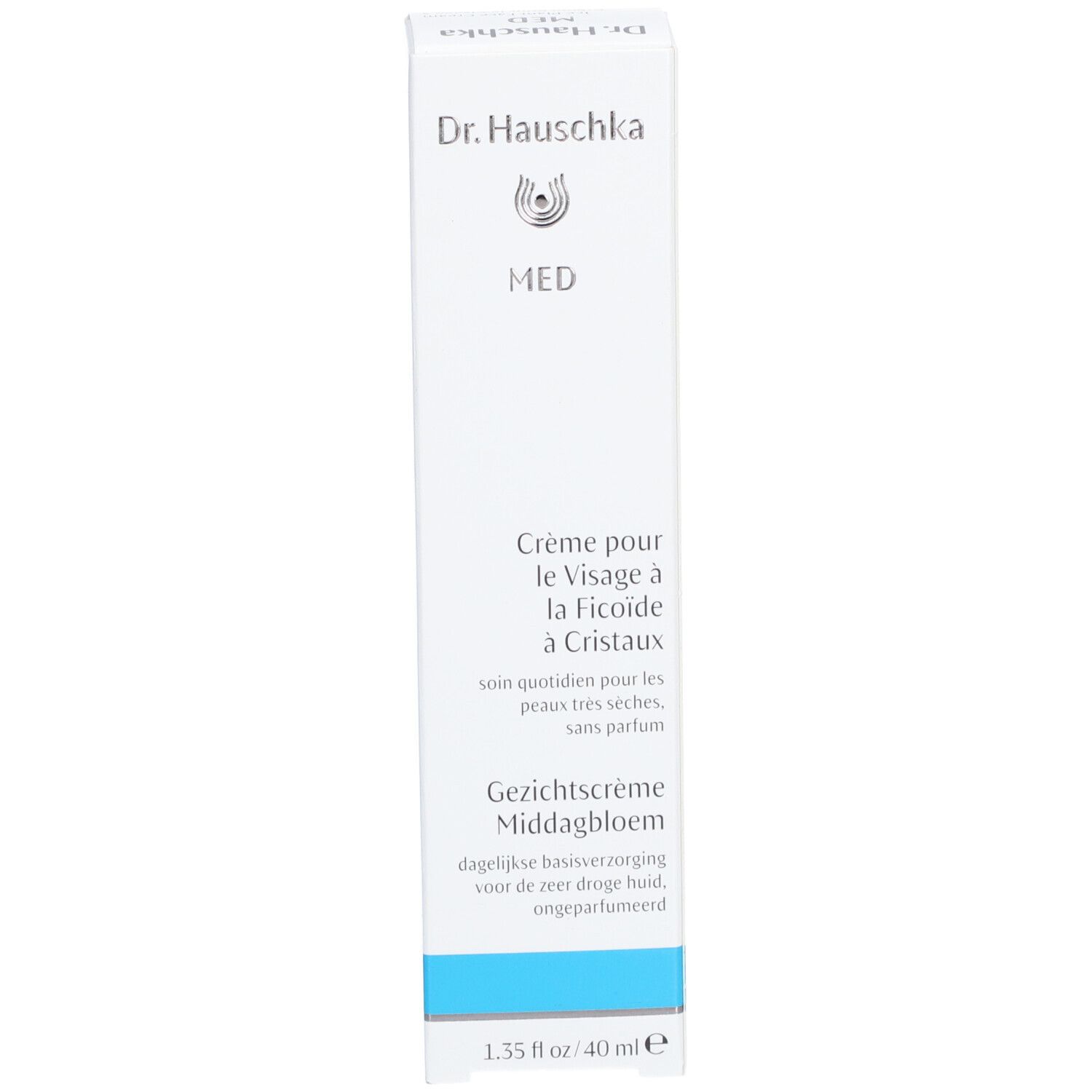 Weiße Schachtel mit blauer Banderole. Aufschrift: Dr. Hauschka, MED, Crème pour le Visage à la Ficoïde à Cristaux, Gezichtscrème Middagbloem.
