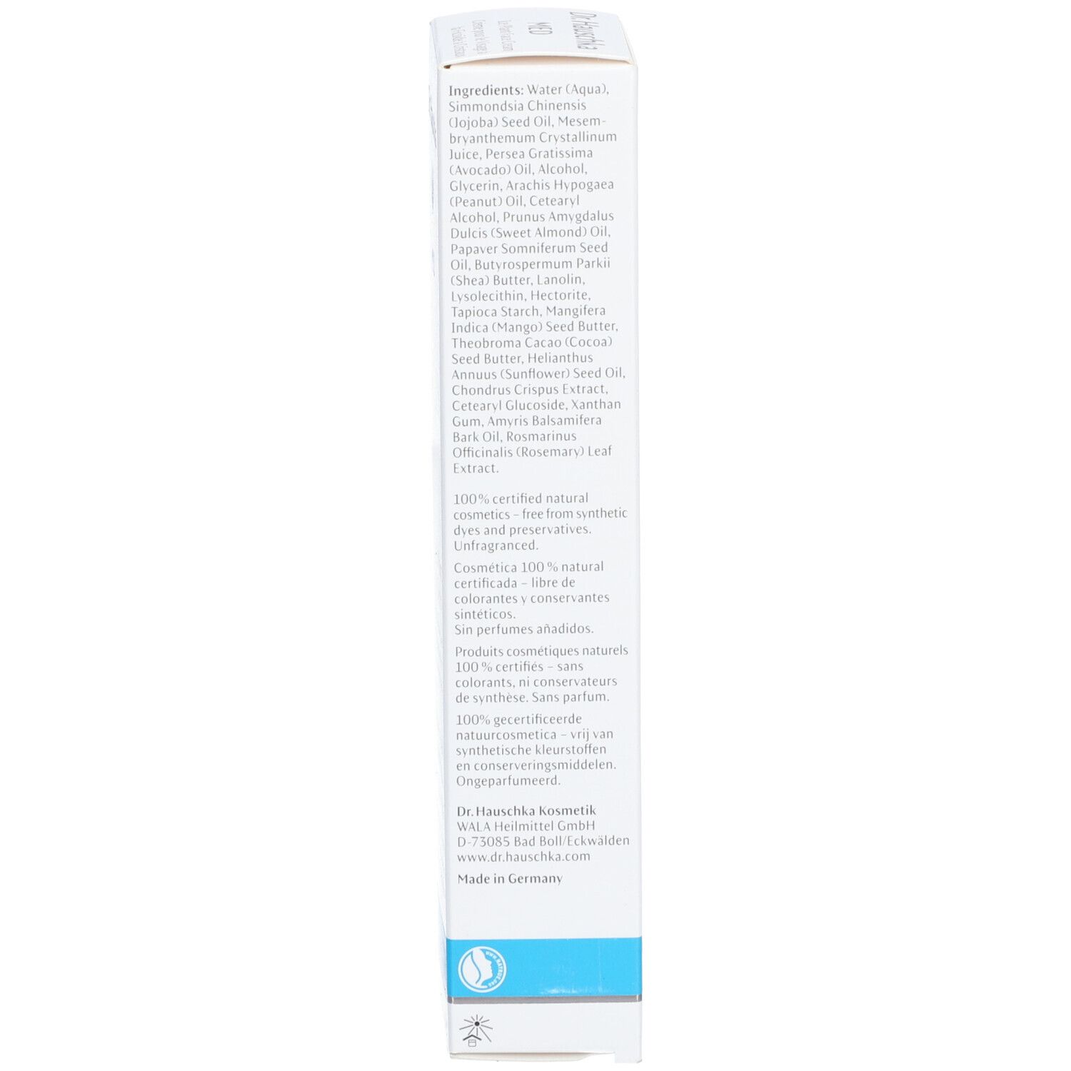 Weiße Schachtel mit Inhaltsangaben. Aufschrift: Dr. Hauschka, 100% zertifizierte Naturkosmetik, Made in Germany.