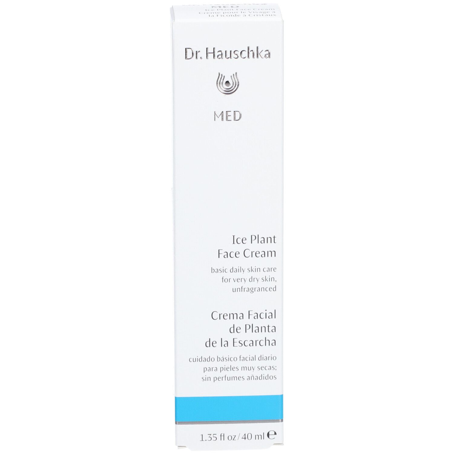 Weiße Schachtel mit blauer Banderole. Aufschrift: Dr. Hauschka, MED, Ice Plant Face Cream, Crema Facial de Planta de la Escarcha.