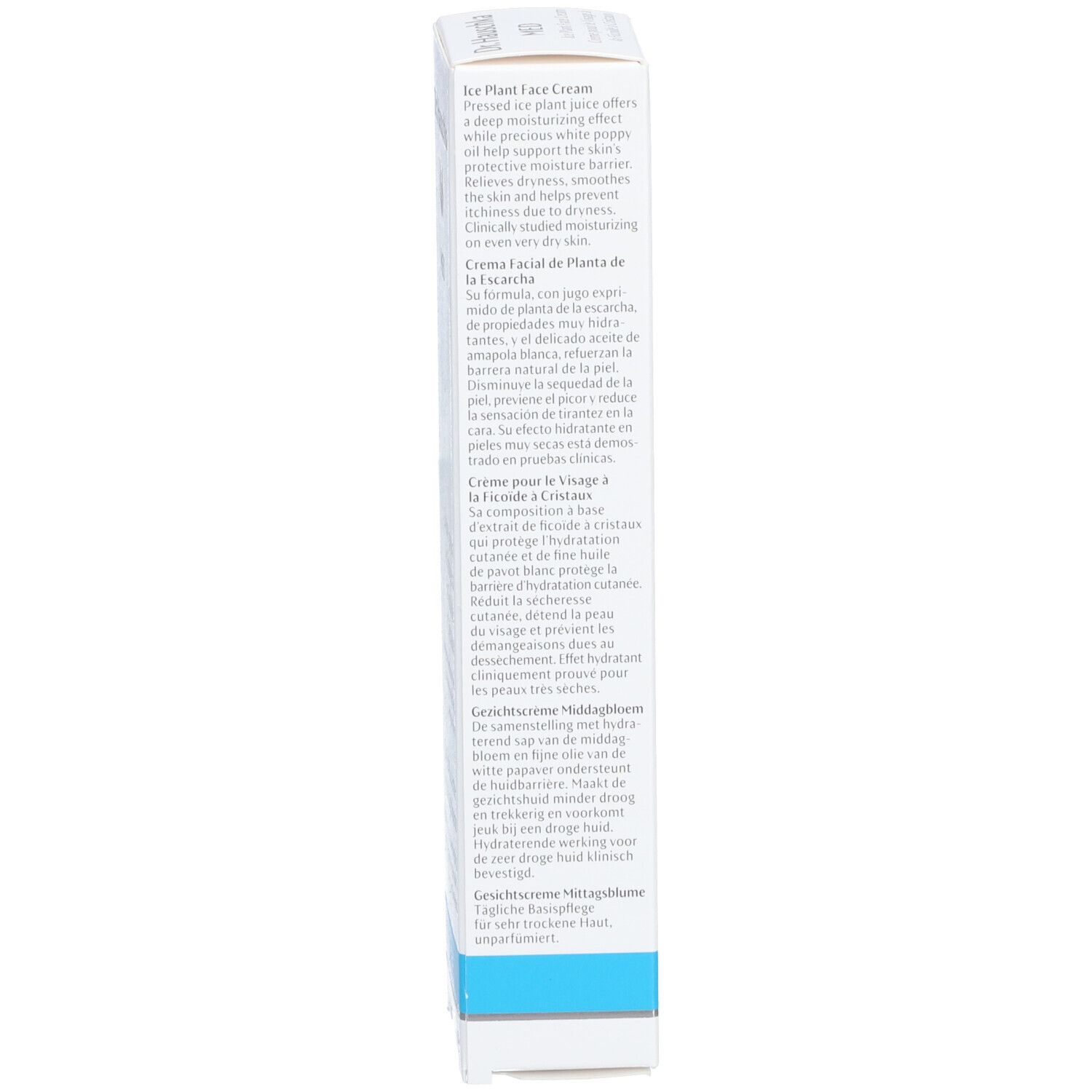 Weiße Schachtel mit Produktbeschreibung. Aufschrift: Ice Plant Face Cream, Crema Facial de Planta de la Escarcha, Gezichtscrème Middagbloem.
