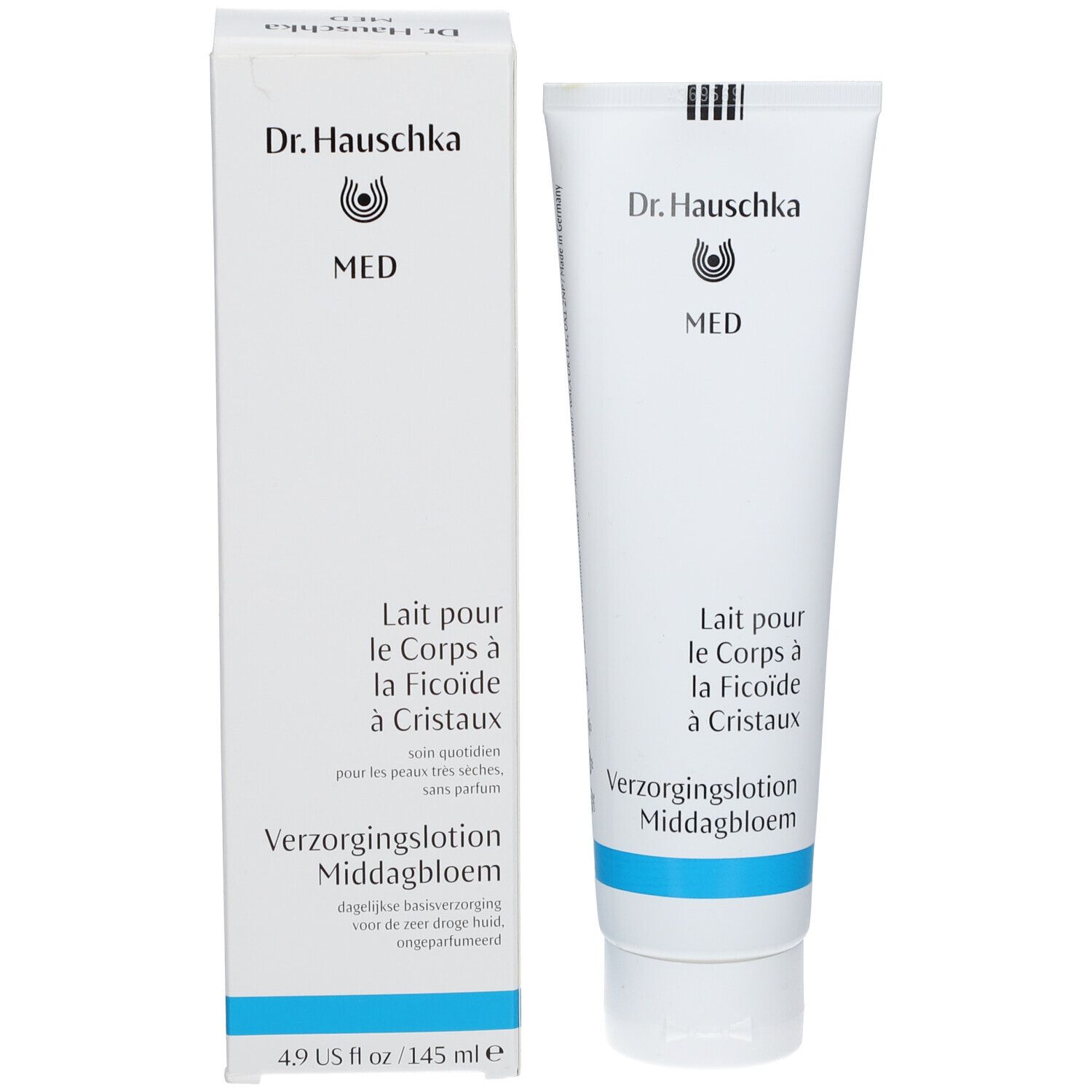 Produktverpackung: Tube und Schachtel. Aufschrift: Dr. Hauschka MED, Lait pour le Corps à la Ficoïde à Cristaux, Verzorgingslotion Middagbloem.
