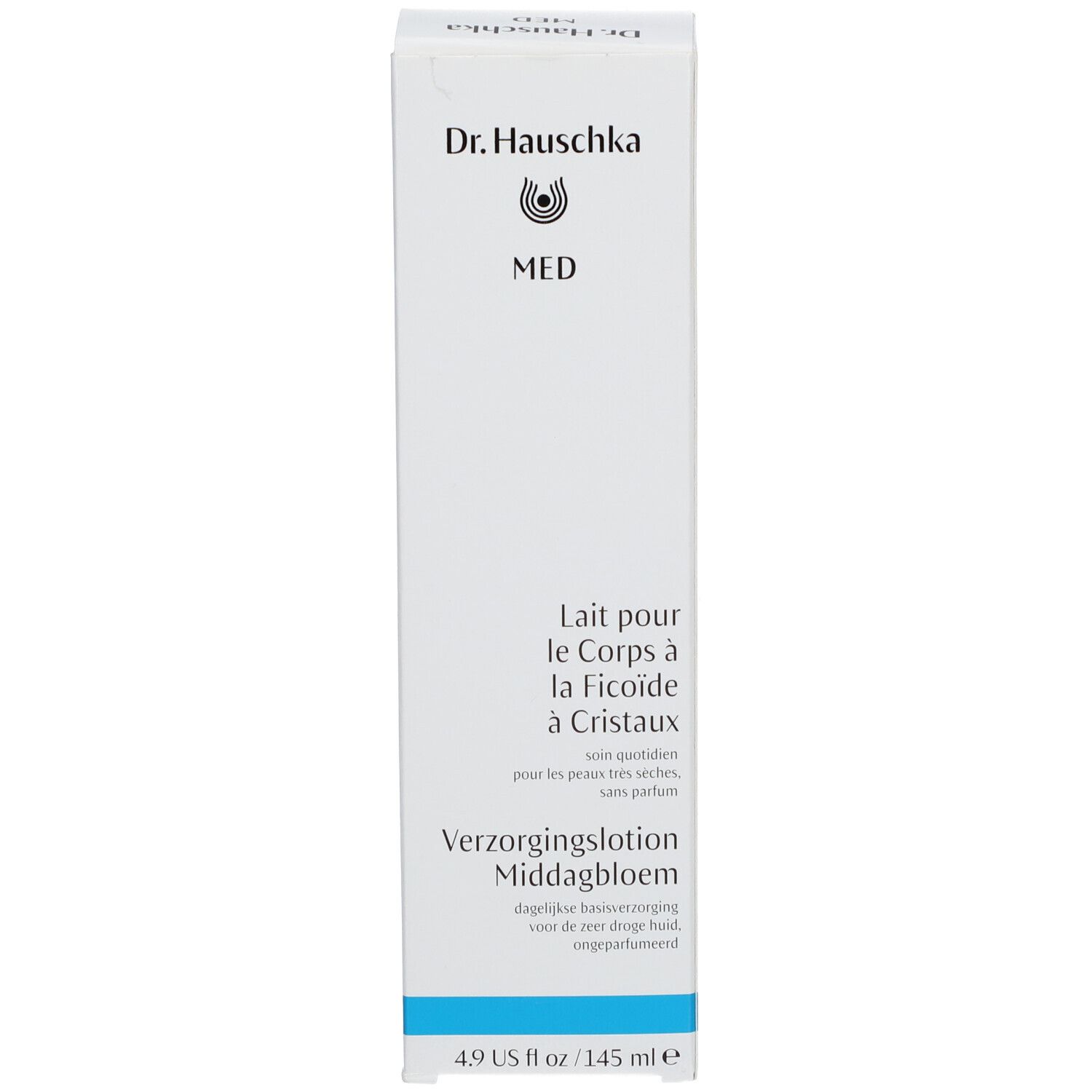 Weiße Schachtel mit blauer Schrift und Streifen. Aufschrift: Dr. Hauschka MED, Lait pour le Corps à la Ficoïde à Cristaux, Verzorgingslotion Middagbloem.