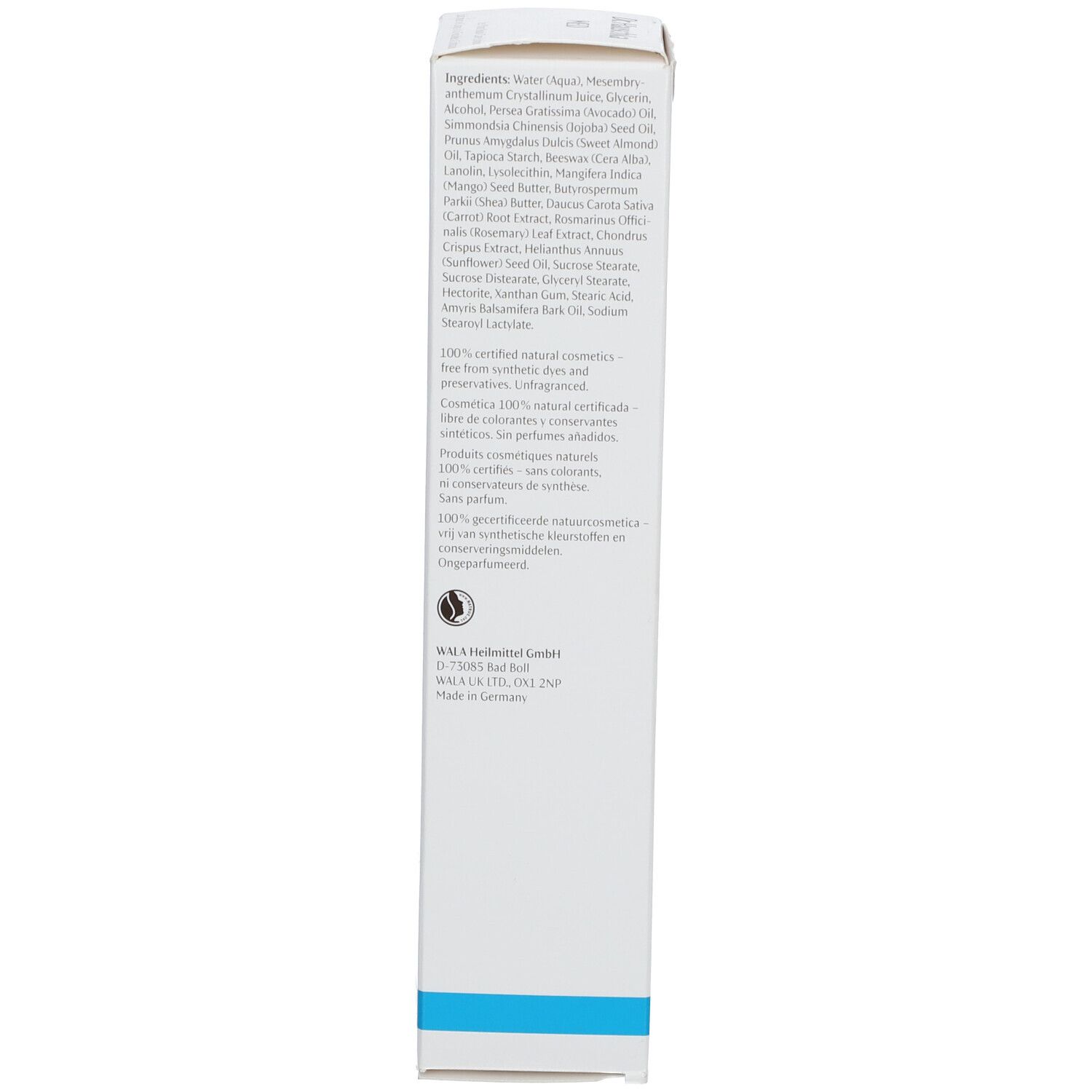 Weiße Schachtel, Rückseite mit Inhaltsstoffen und Zertifizierungen. Aufschrift: 100% zertifizierte Naturkosmetik.