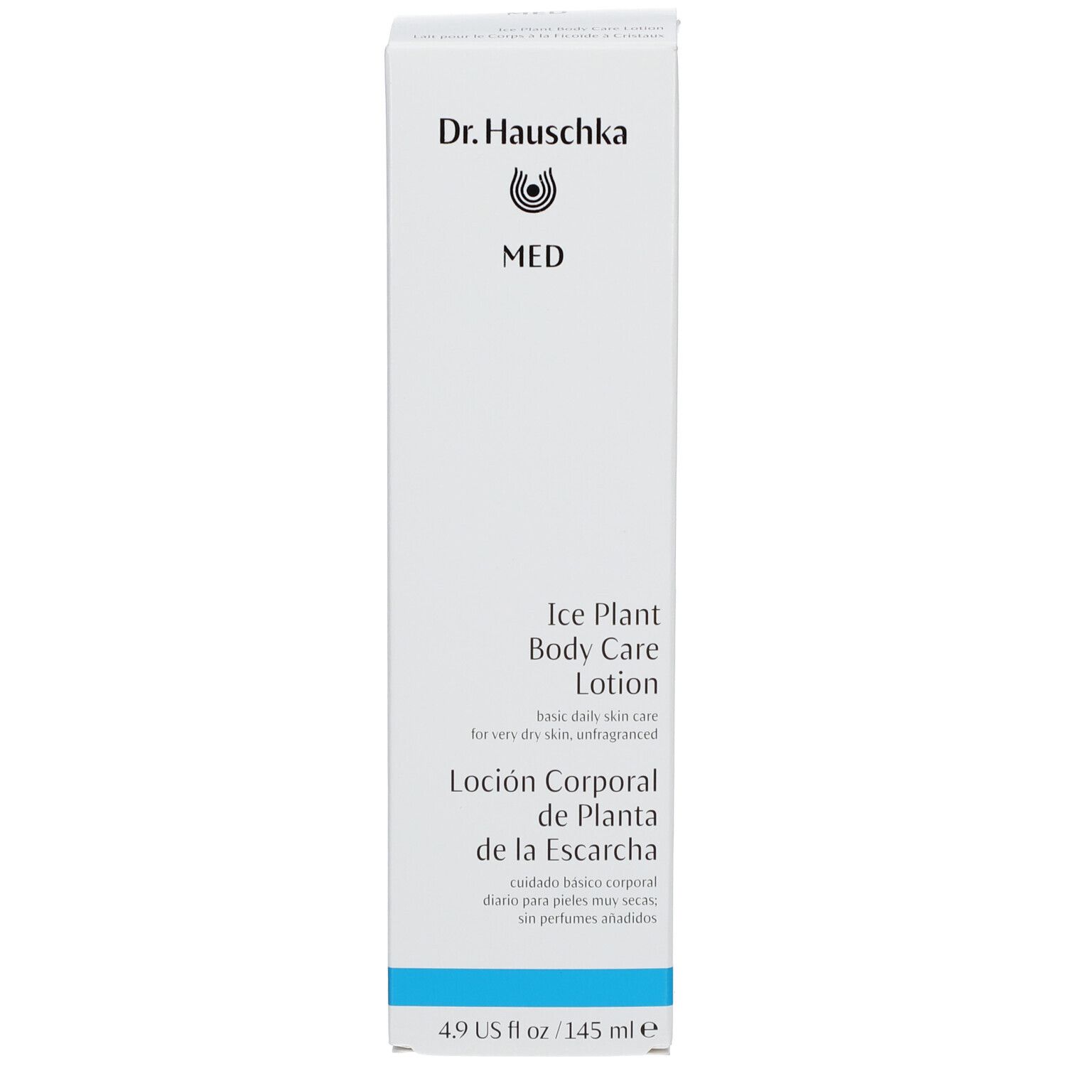 Weiße Schachtel mit blauer Schrift und Streifen. Aufschrift: Dr. Hauschka MED, Ice Plant Body Care Lotion, Loión Corporal de Planta de la Escarcha.