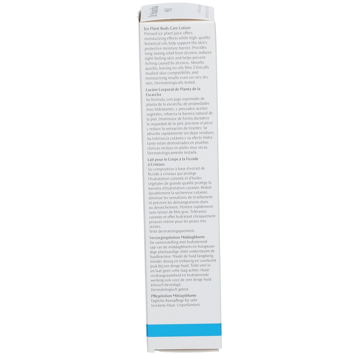 Weiße Schachtel, Rückseite mit Produktbeschreibung. Aufschrift: Ice Plant Body Care Lotion, Loión Corporal de Planta de la Escarcha.