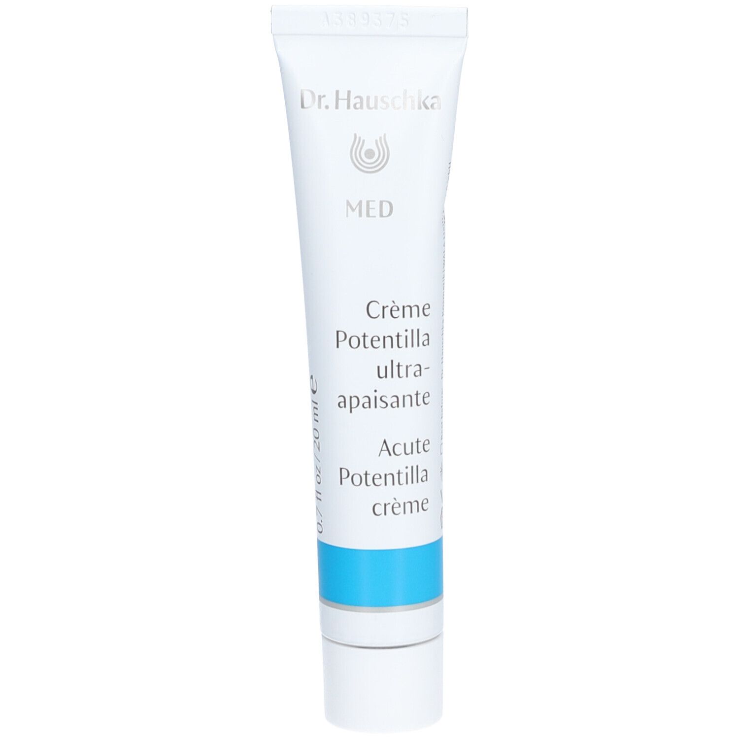Tube blanc avec bande bleue. Inscription: Dr. Hauschka MED, Crème Potentilla ultra-apaisante, Acute Potentilla crème.